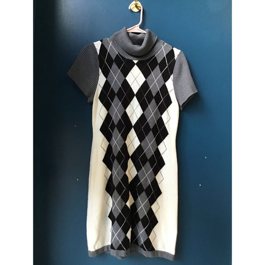 CATO Argyle Knit Cowl Neck Gray Black White Sweater Dress Women's Size Small