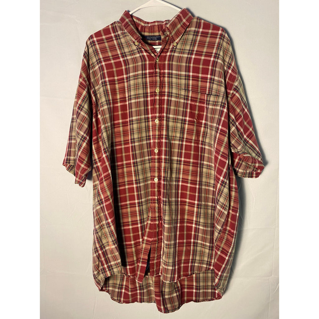 Nautica Red Beige Plaid Button Up Shirt 3/4 Sleeve Men's Size XL Vintage