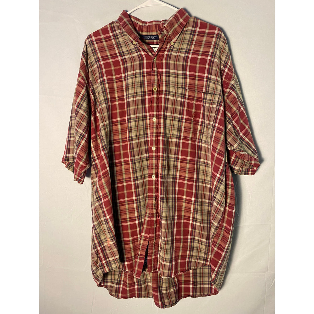 Nautica Red Beige Plaid Button Up Shirt 3/4 Sleeve Men's Size XL Vintage
