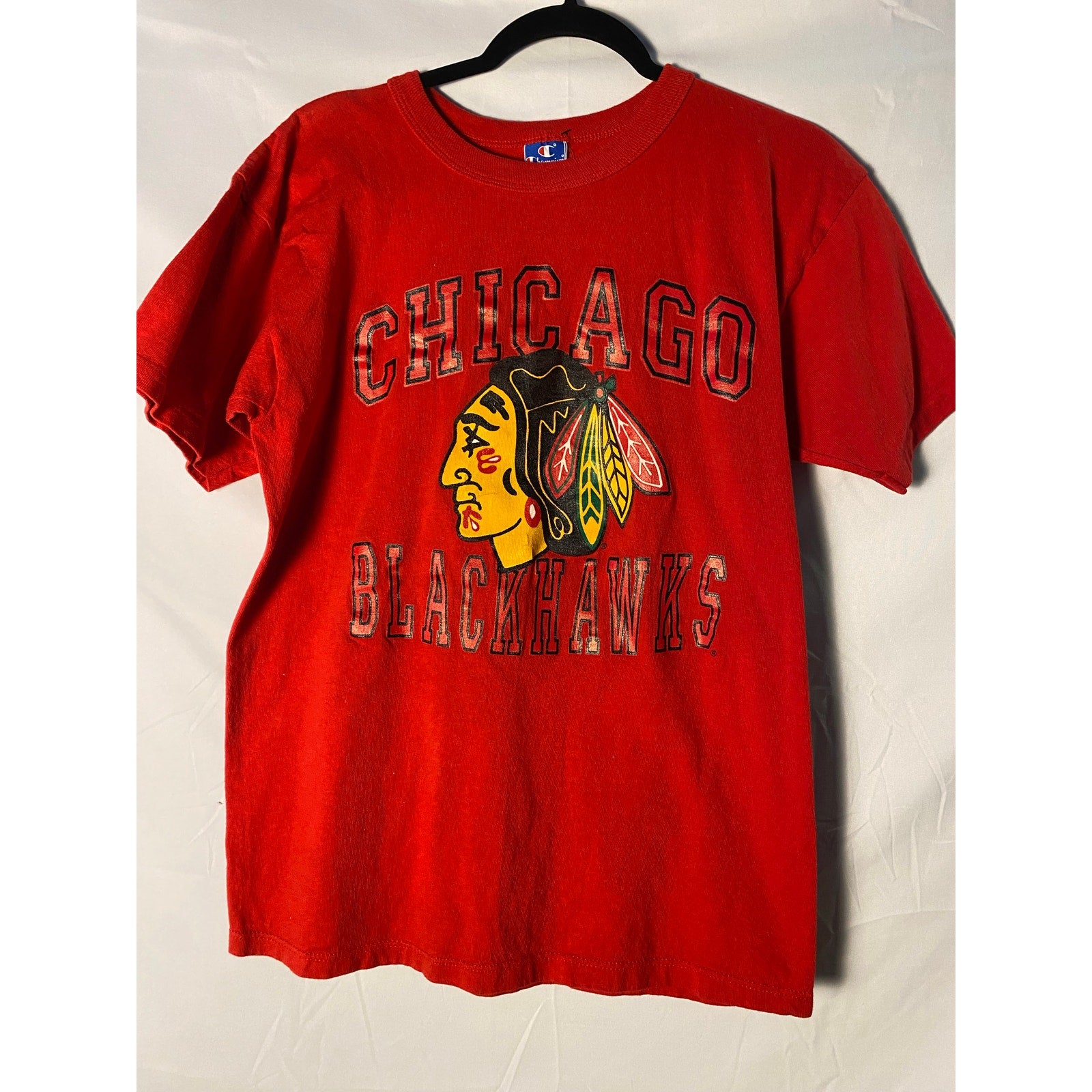 Vintage 90s Champion Chivago Blackhawks Red Graphic Print Shirt Men's Size Large