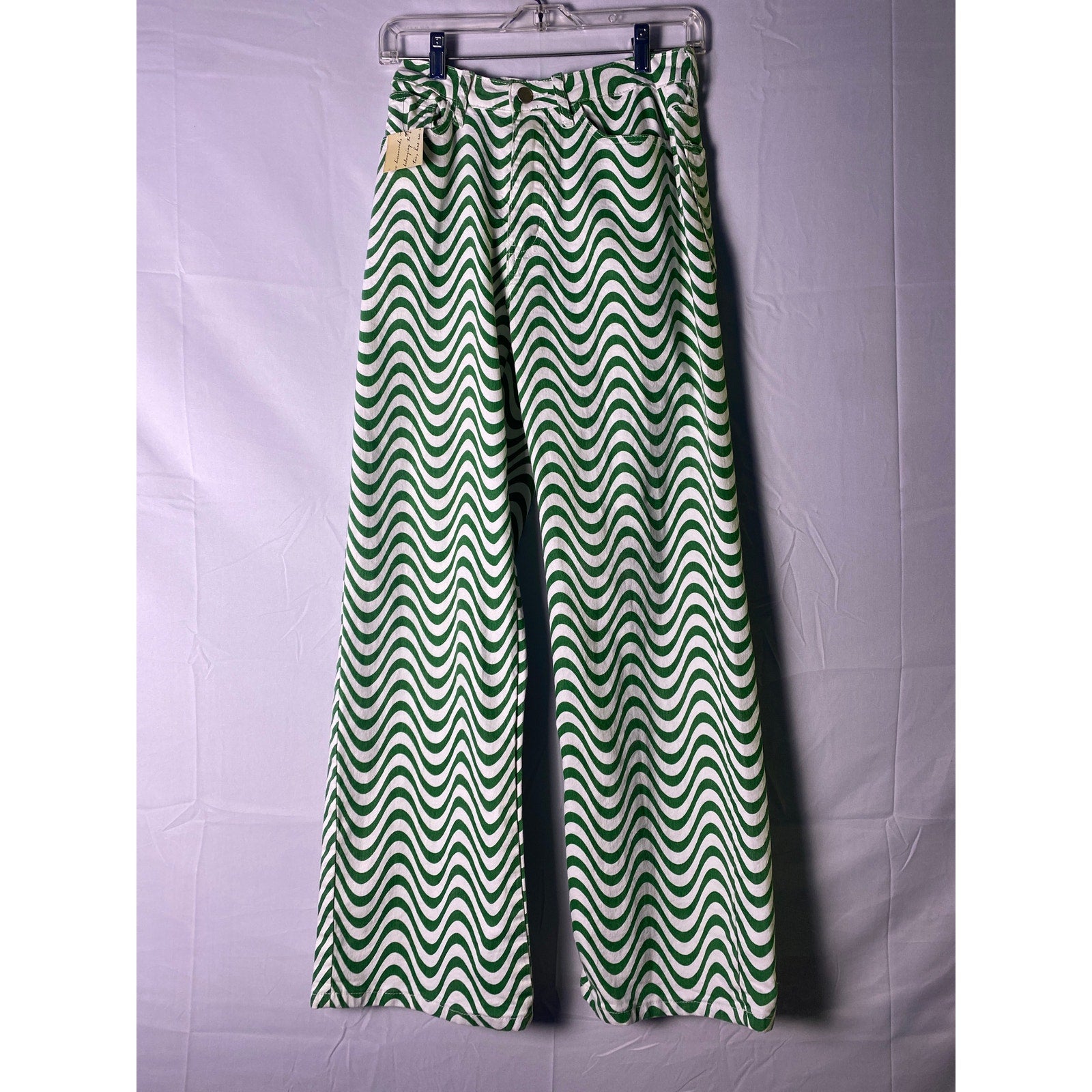 Altar'd State White Green Wavy Print Relaxed Fit Wide Leg Jeans Women's Small