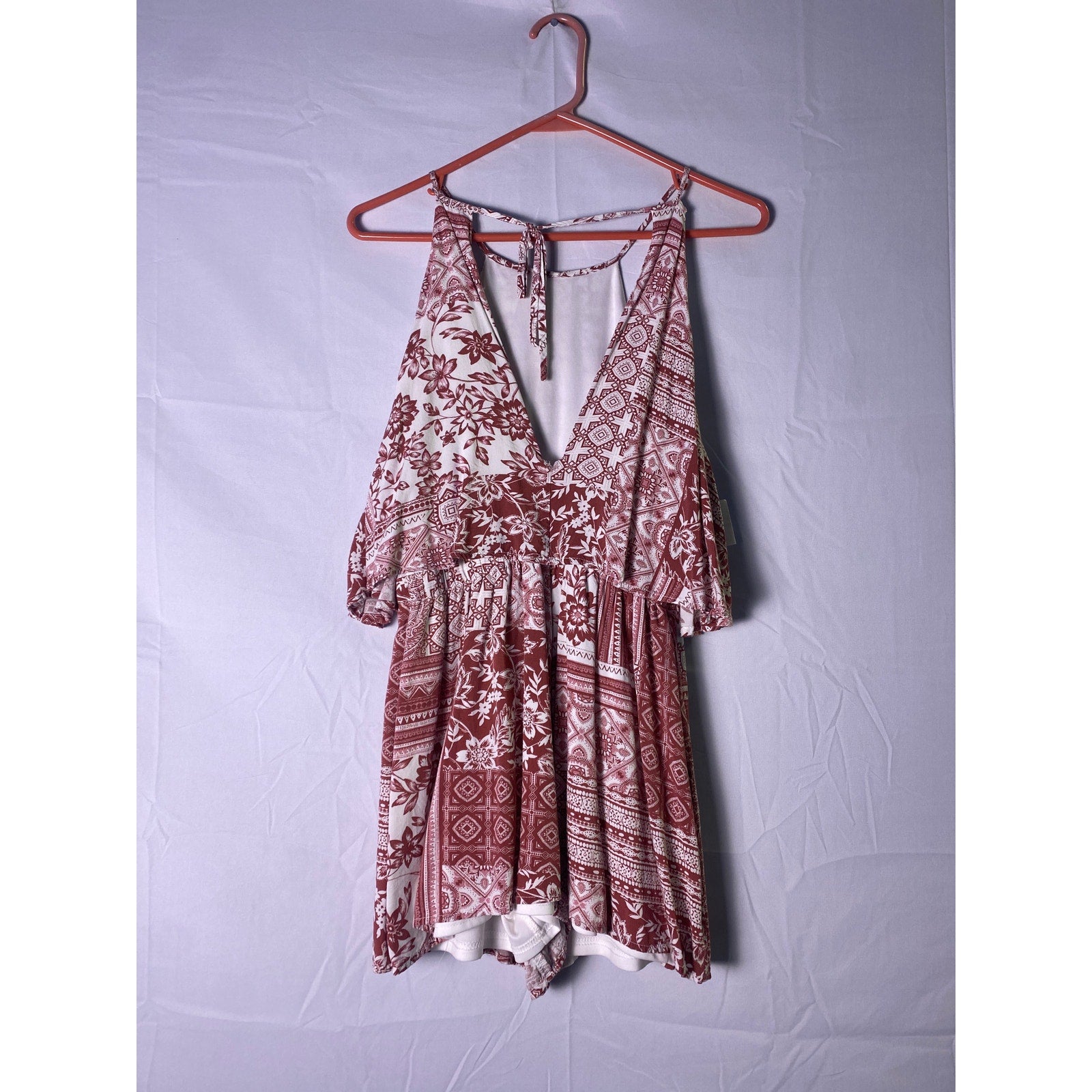 Altar’d State Burnt Orange White Patterned Bani Halter Romper Size Medium