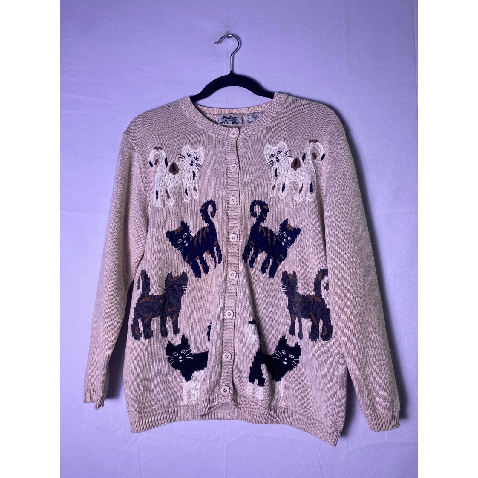 Northern Reflections Cats Knit Cream Button Front Cardigan Sweater Womens medium