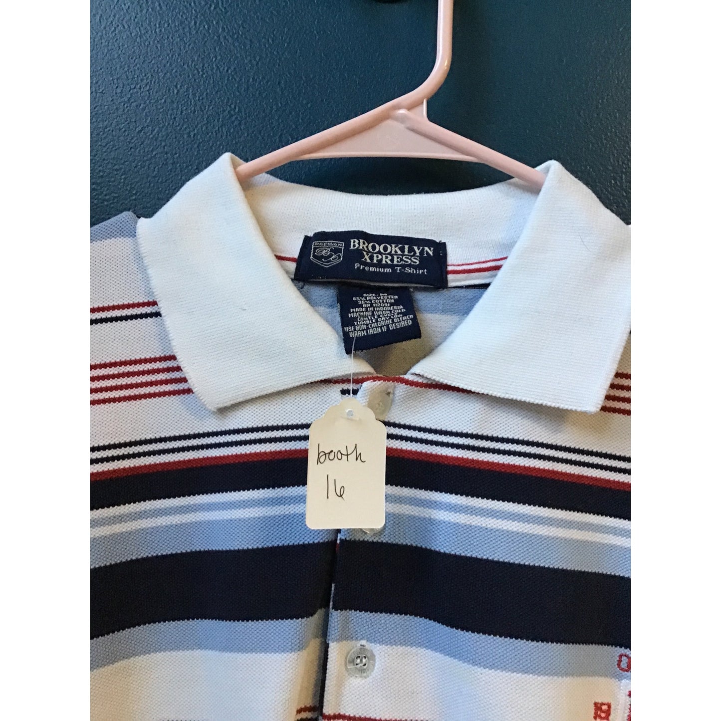 Brooklyn Xpress White Blue Black Striped Premium Polo Shirt Men's Size Medium