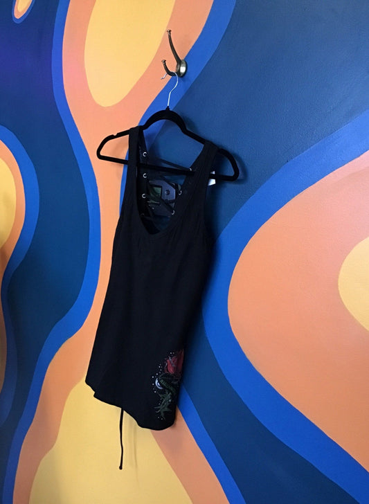 Harley Davidson Black Tank Top Back Lace Up Sleeveless Women's Size Large