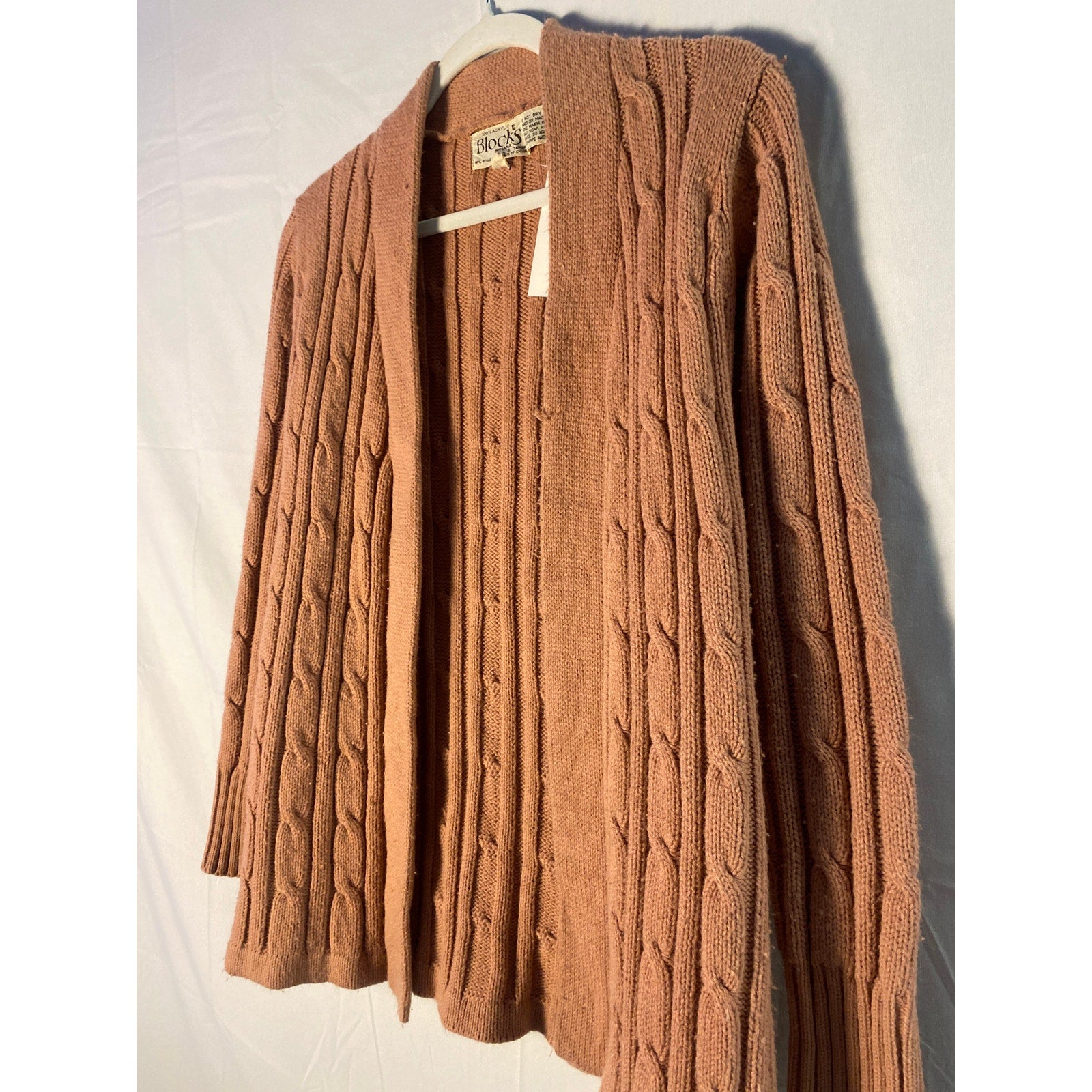 Vintage 60s-70s Blocks Indiana Orange Open Front Knit Cardigan Sweater Large