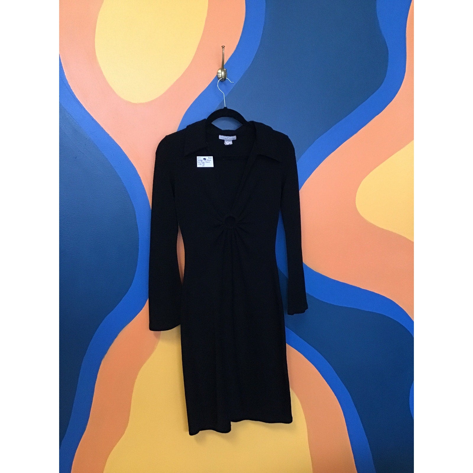 Moa Moa Vintage 90s Black V-neck Knit Flared Sleeve Long Top Womens Size Medium