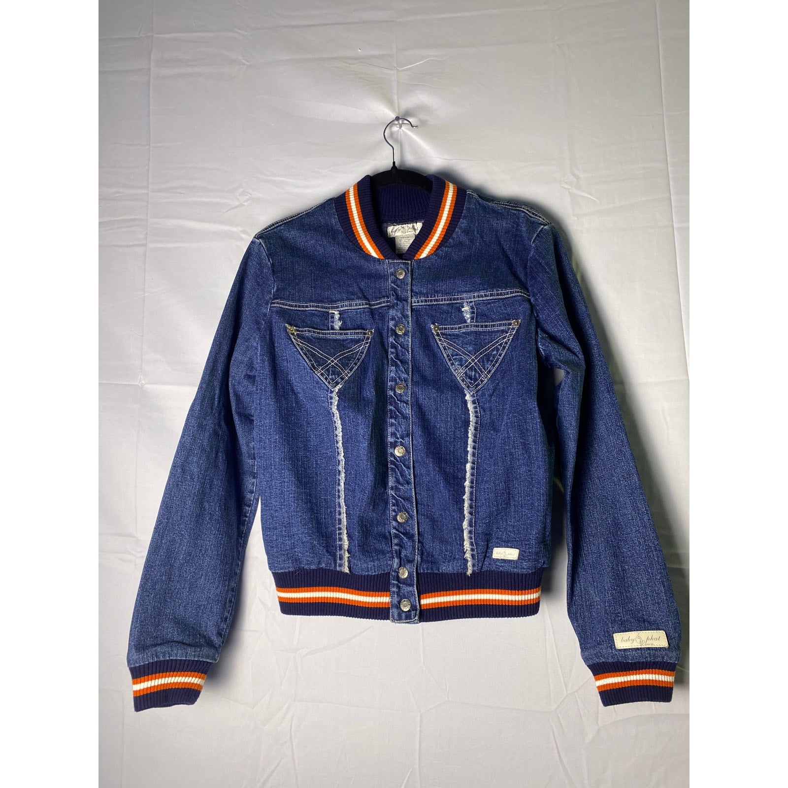 Vintage Baby Phat Jean Denim Button Snap Varsity Bomber Jacket Women's Medium