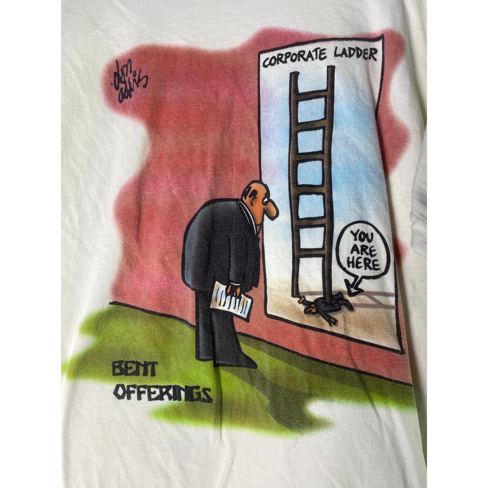 90s Trau & Loevner Don Addis Corporate Ladder Comic White Shirt Men's Size Large