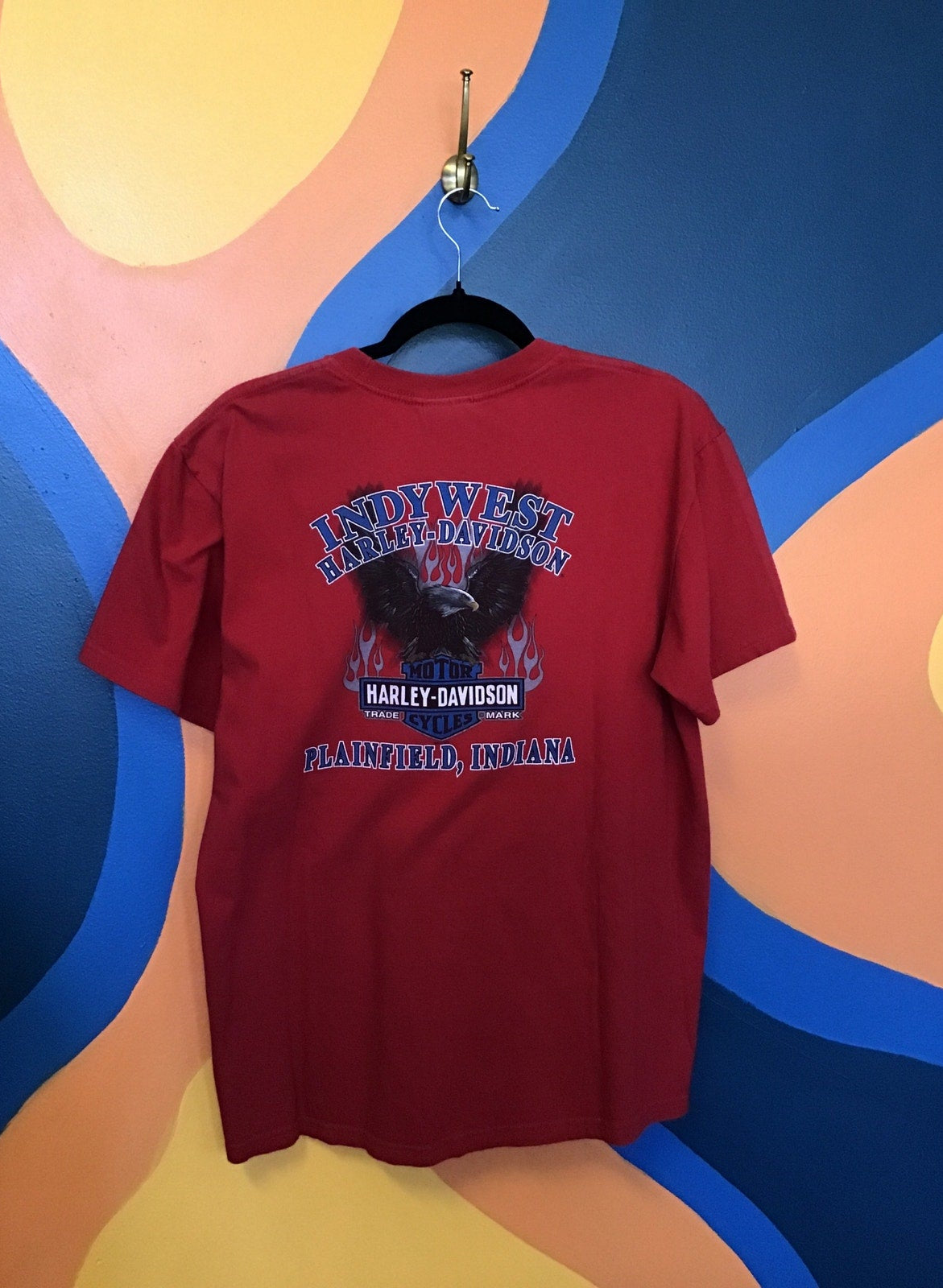 Harley Davidson #1 US Flag INDYWEST Plainfield, Indiana Print Red Shirt Men's L