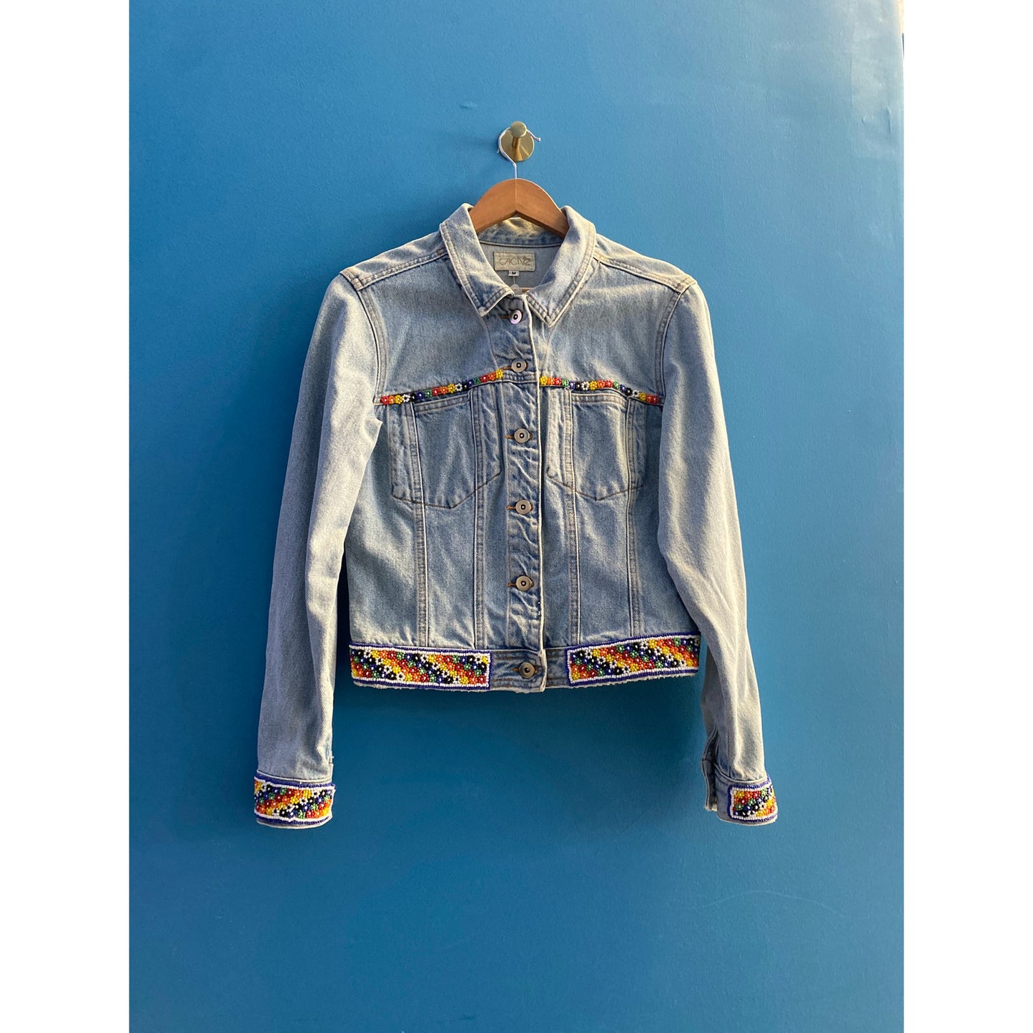 Cache Button Up Colorful Beaded Trim Denim Jean Jacket Women's Size Medium