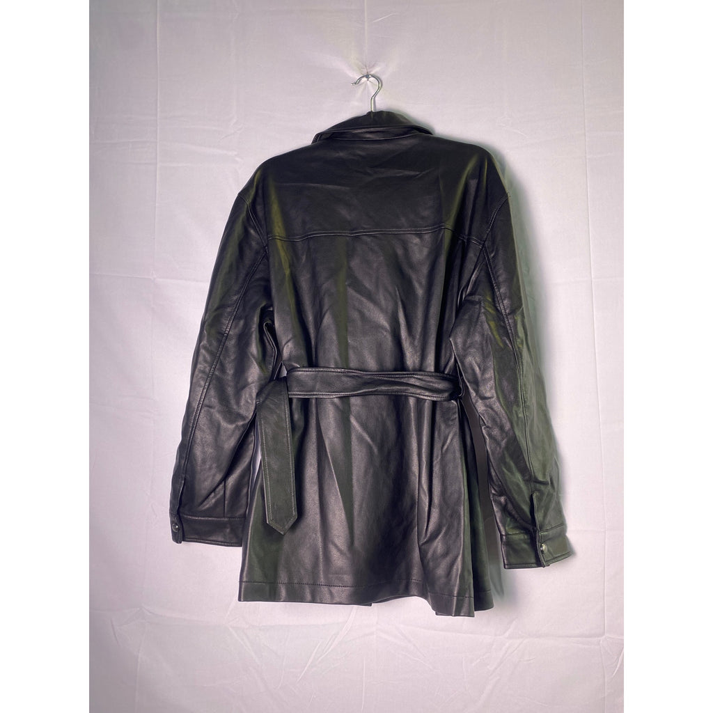 Rebecca Minkoff Black Vegan Faux Leather Belted Trench Jacket w/ Pockets Size XL