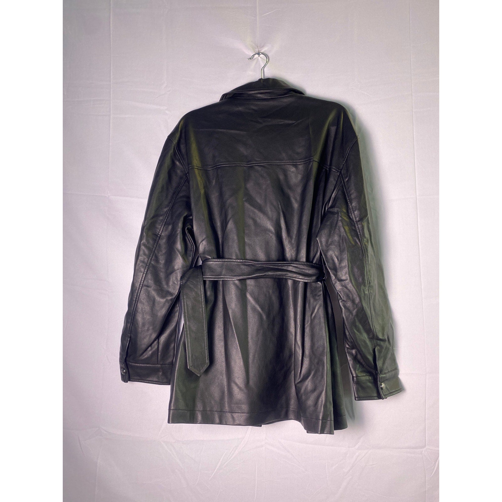 Rebecca Minkoff Black Vegan Faux Leather Belted Trench Jacket w/ Pockets Size XL