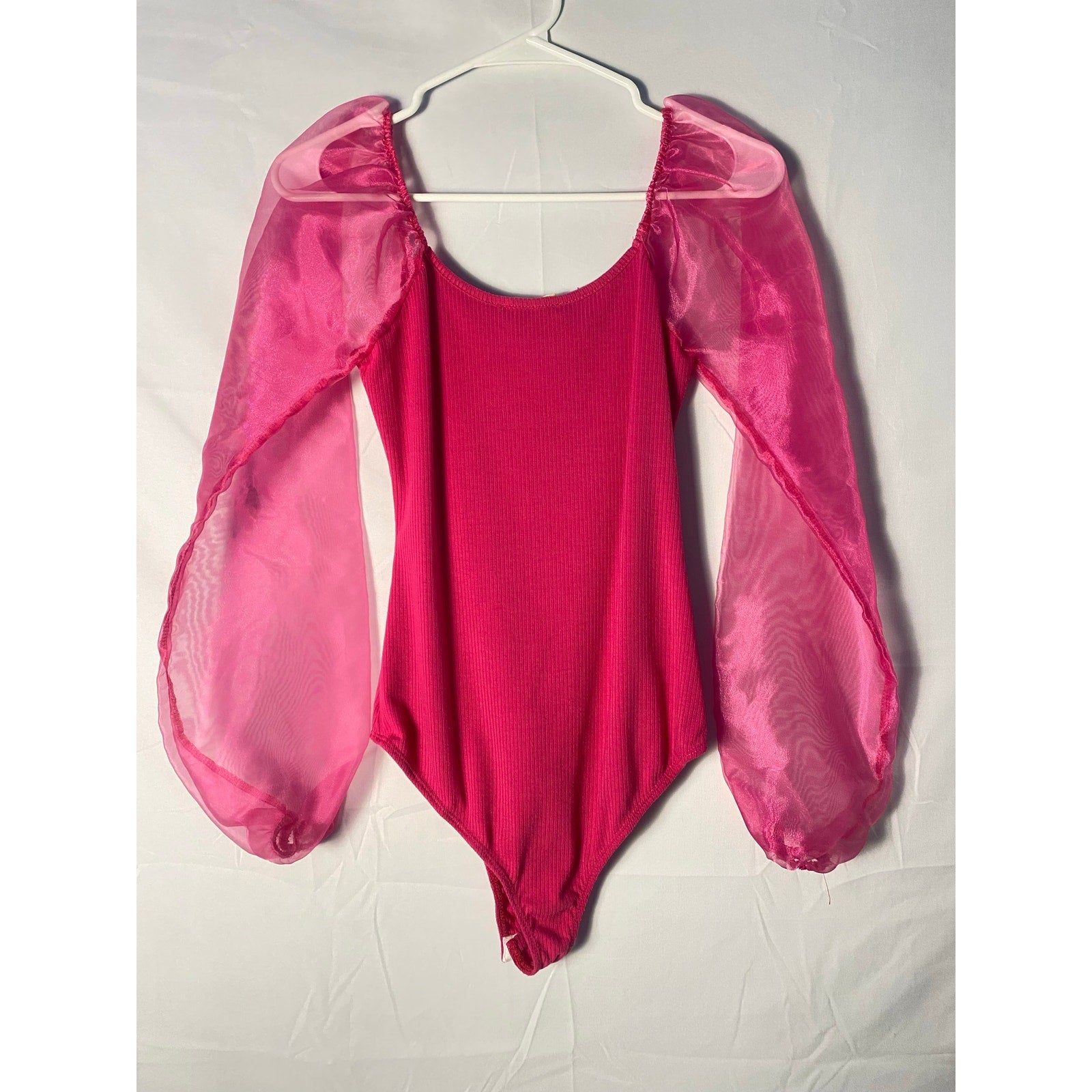 Altar’d State Hot Pink Knit Body Suit w/ Sheer Long Puff Sleeves Ribbed Small