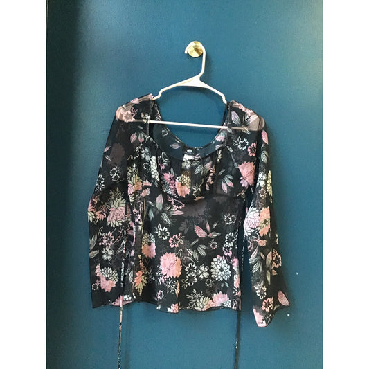 Anxiety See Through Floral Shirt Long Sleeve Back Tie Waist Women's Size Medium