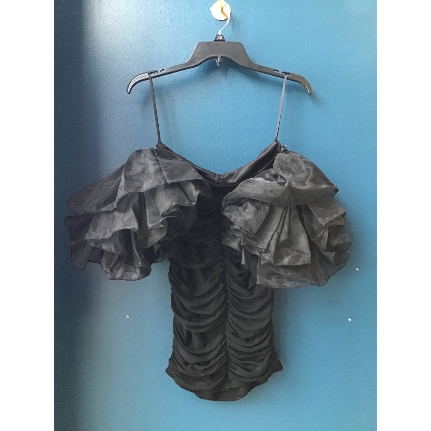 Black Ruched Off Shoulder Bodycon Mini w/ Dramatic Sleeves Women's Size Medium