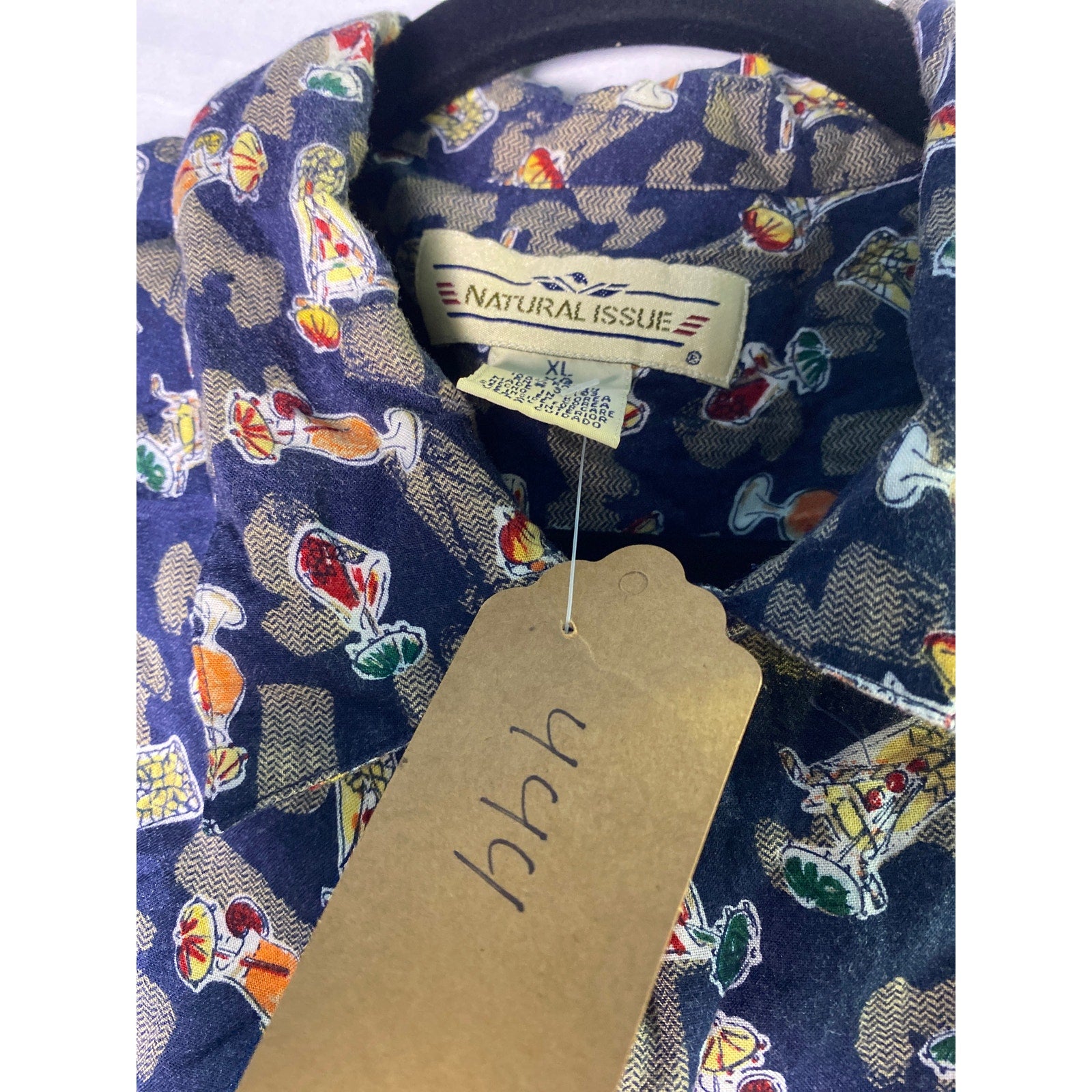 Natural Issue Rayon Navy Button Down Short Sleeve w/ Cocktail Print Men's Small