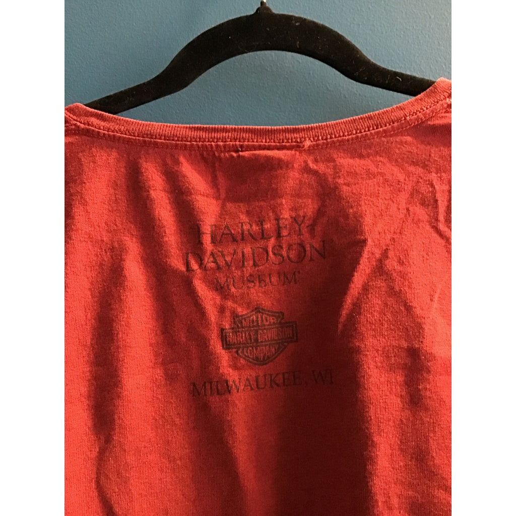 Harley Davidson 110 Years of Great Motorcycles Red Tee Shirt Women's Size L/XL