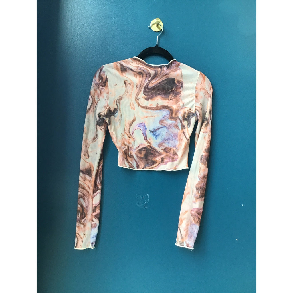 Shein Marble Print Mesh Long Sleeve Crop Top Women's Size XS