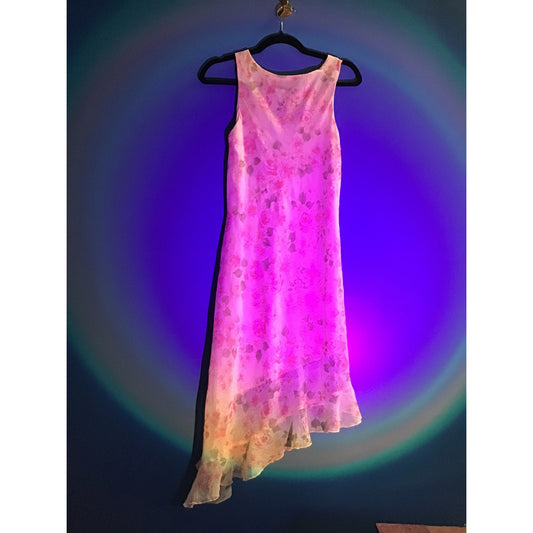90's Y2k Yellow White Pink Floral Asymmetric Dress Sleeveless Women's Size XS/S