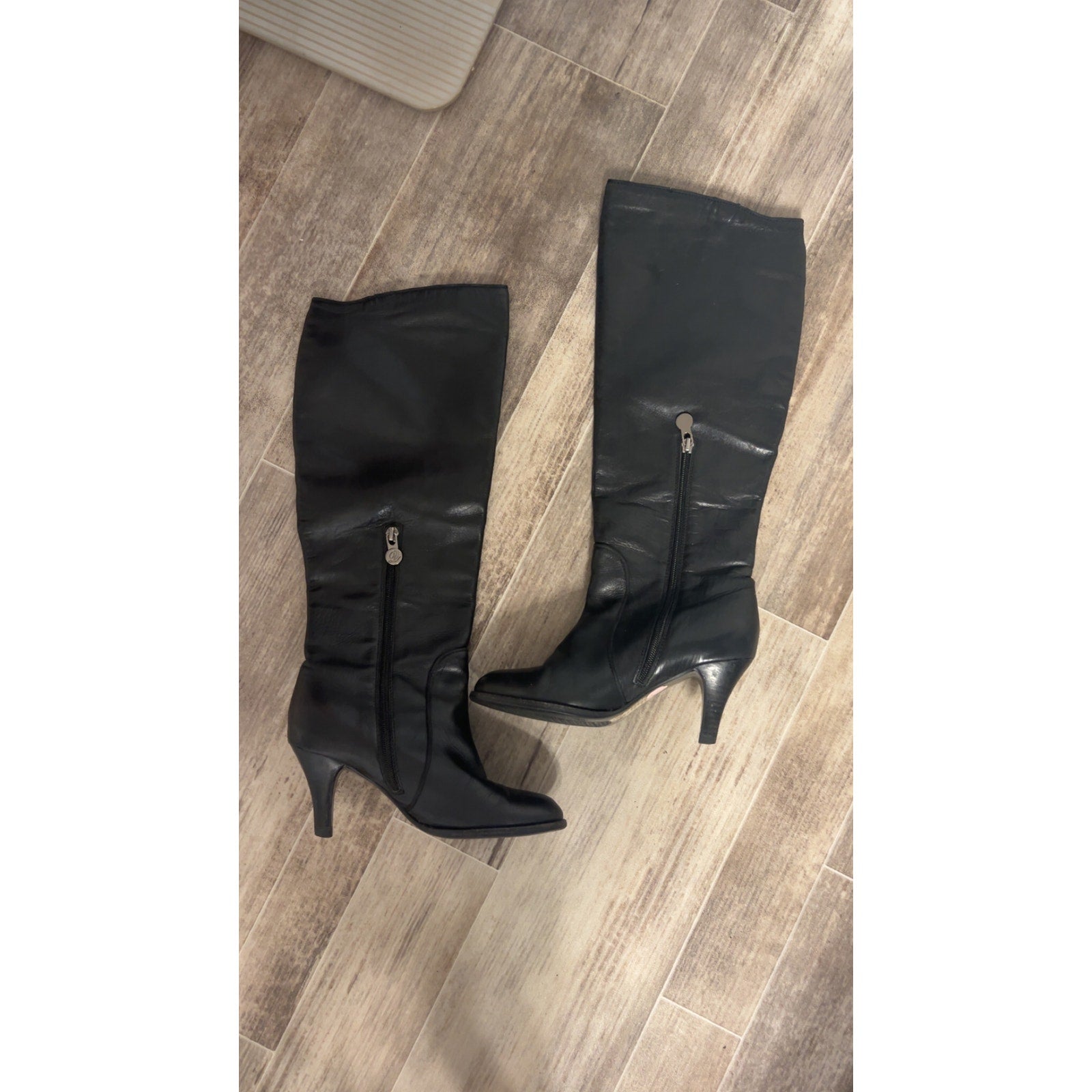 Black Knee High Leather Heeled Boots Shoes Women's Size 6