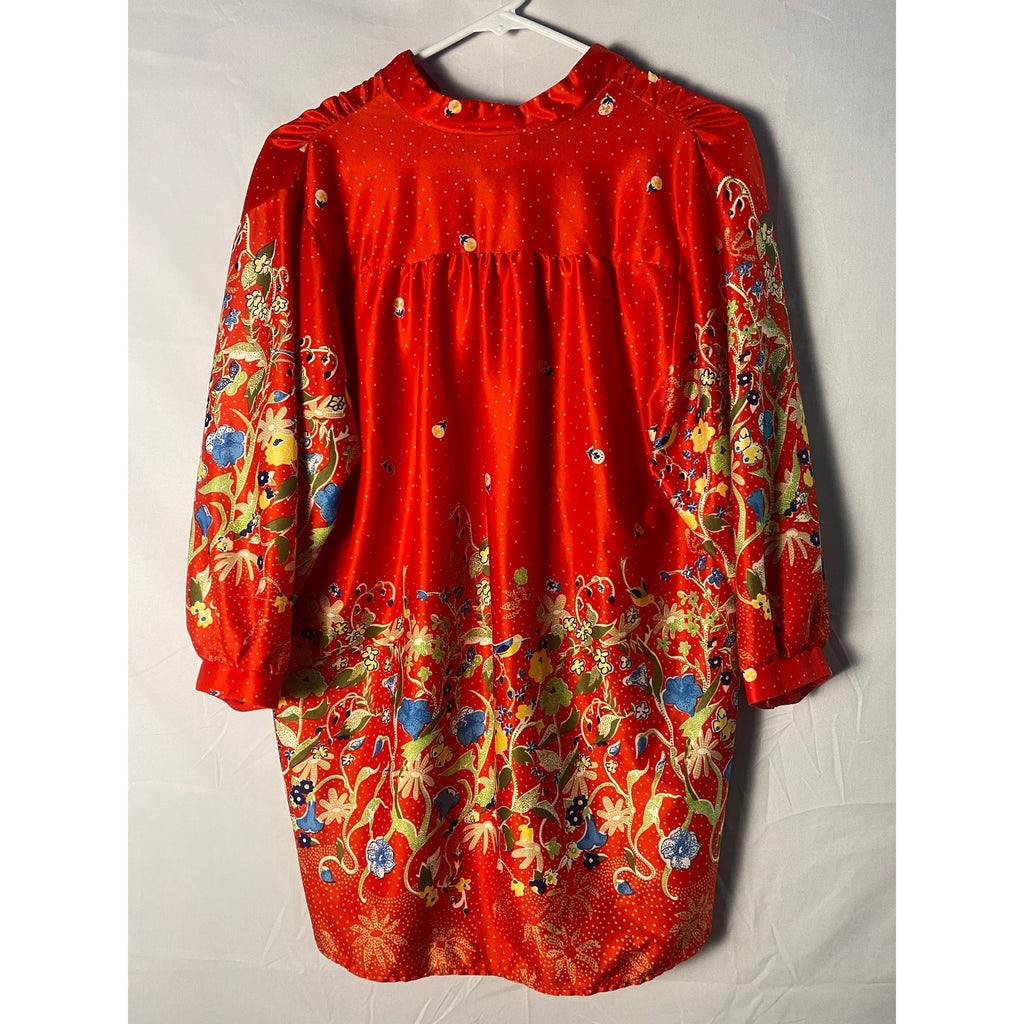 Vintage 60s Teddi Red Floral Bird Silk Blouse V-neck Long Sleeve Women's Size XL