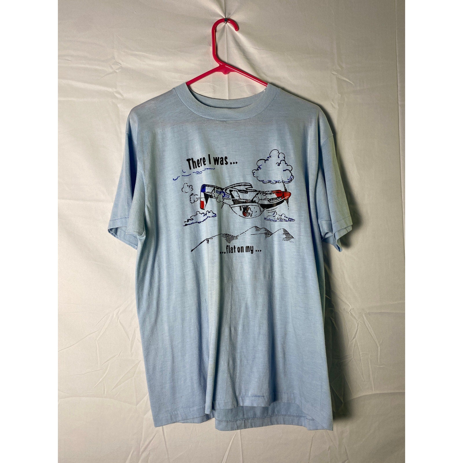 Hanes There I was Flat on My... Airplane Tee Shirt Baby Blue Men's Size XL