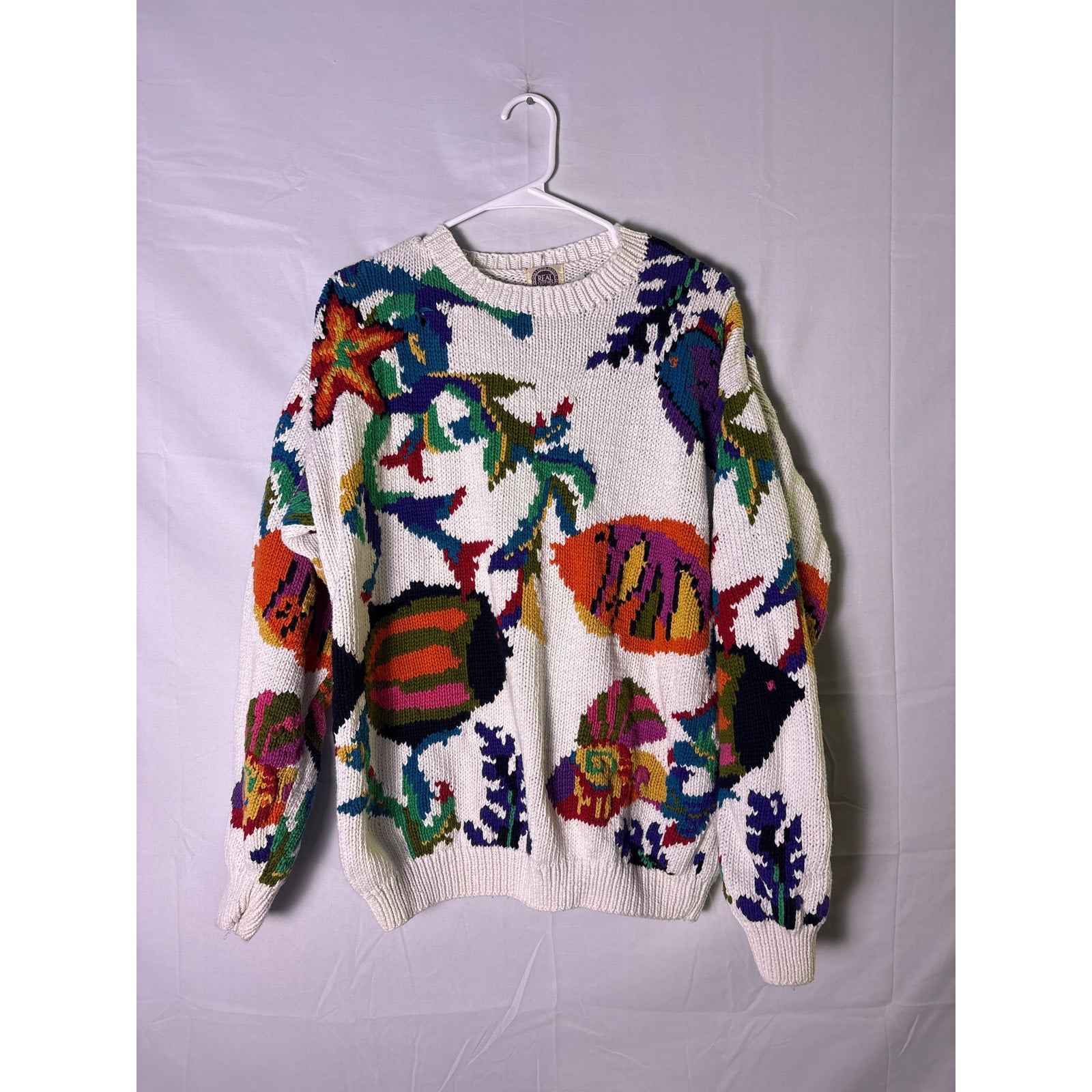 Vintage 80s Saks Fifth Avenue Aquatic Fish Floral Neon Chunky Sweater Size Large