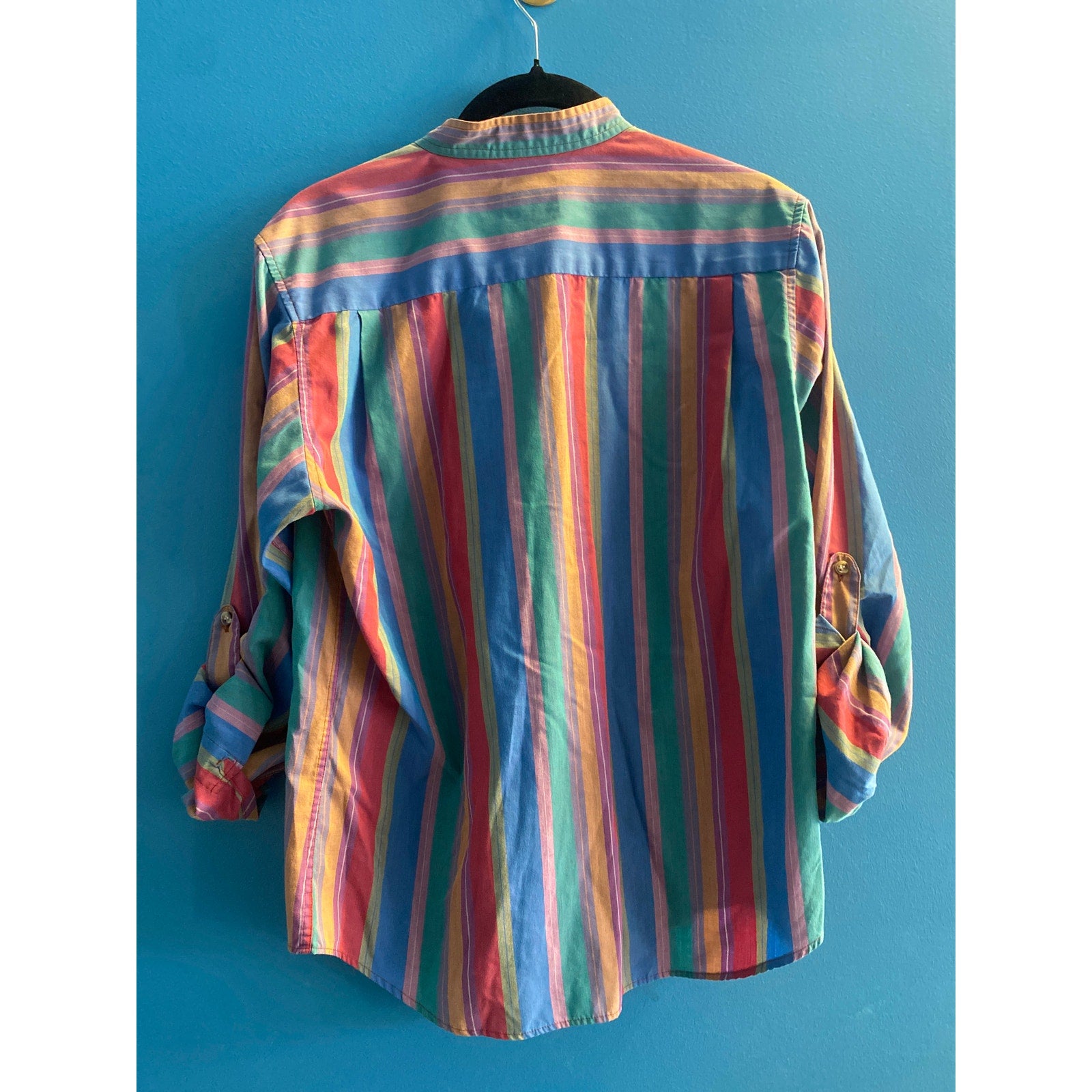 Vintage Button Up Multicolor Striped Long Sleeve Shirt Pocket Men's Size S/M