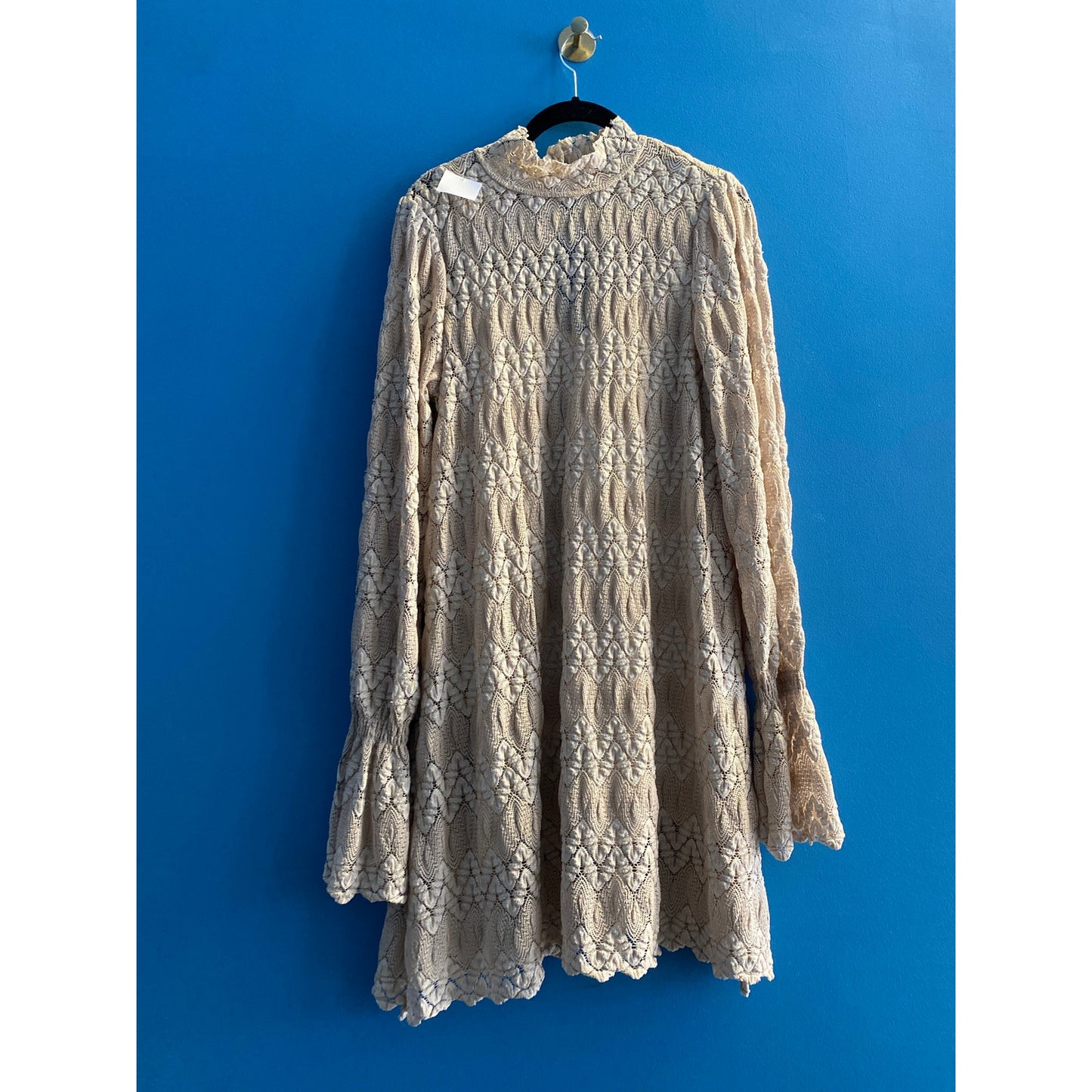 Free People Simone Sheer Nude Lace Dress Bell Sleeve Boho Knit Sheath Dress M