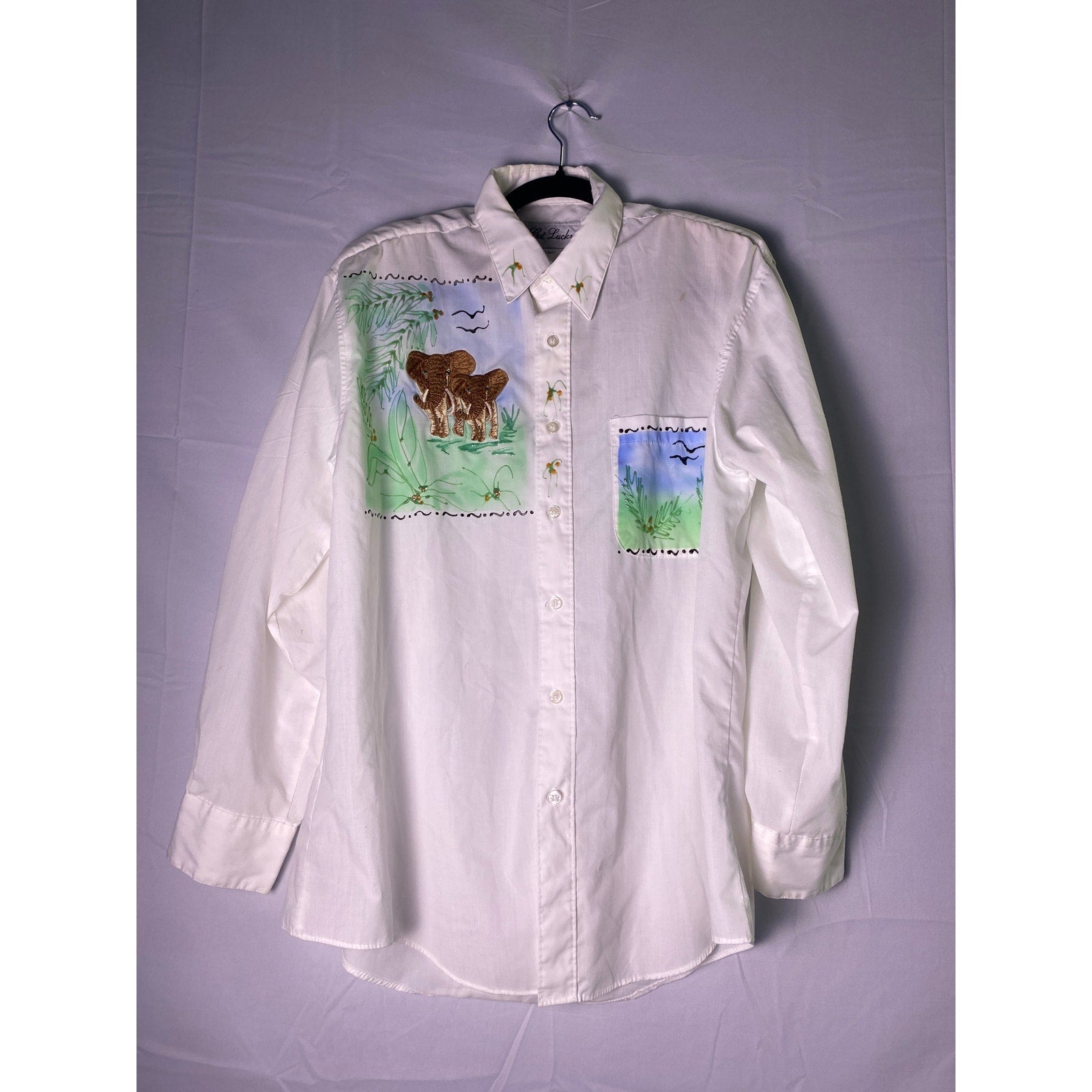 Vintage Get Lucky Painted Elephant Patch Button Down Shirt Men's Size Large