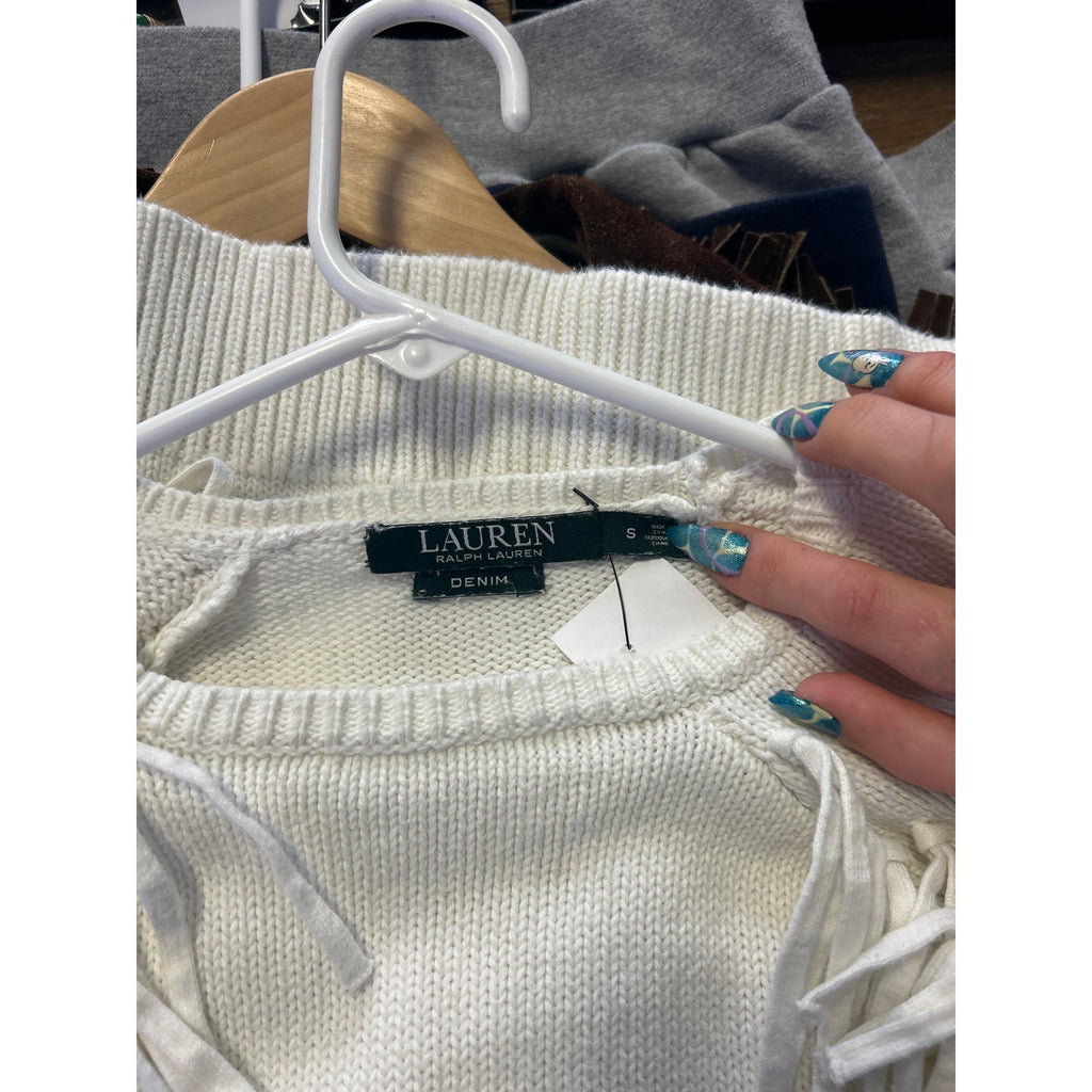 Ralph Lauren White Crew Neck Fringed Cotton Pullover Sweater Women's Size Small