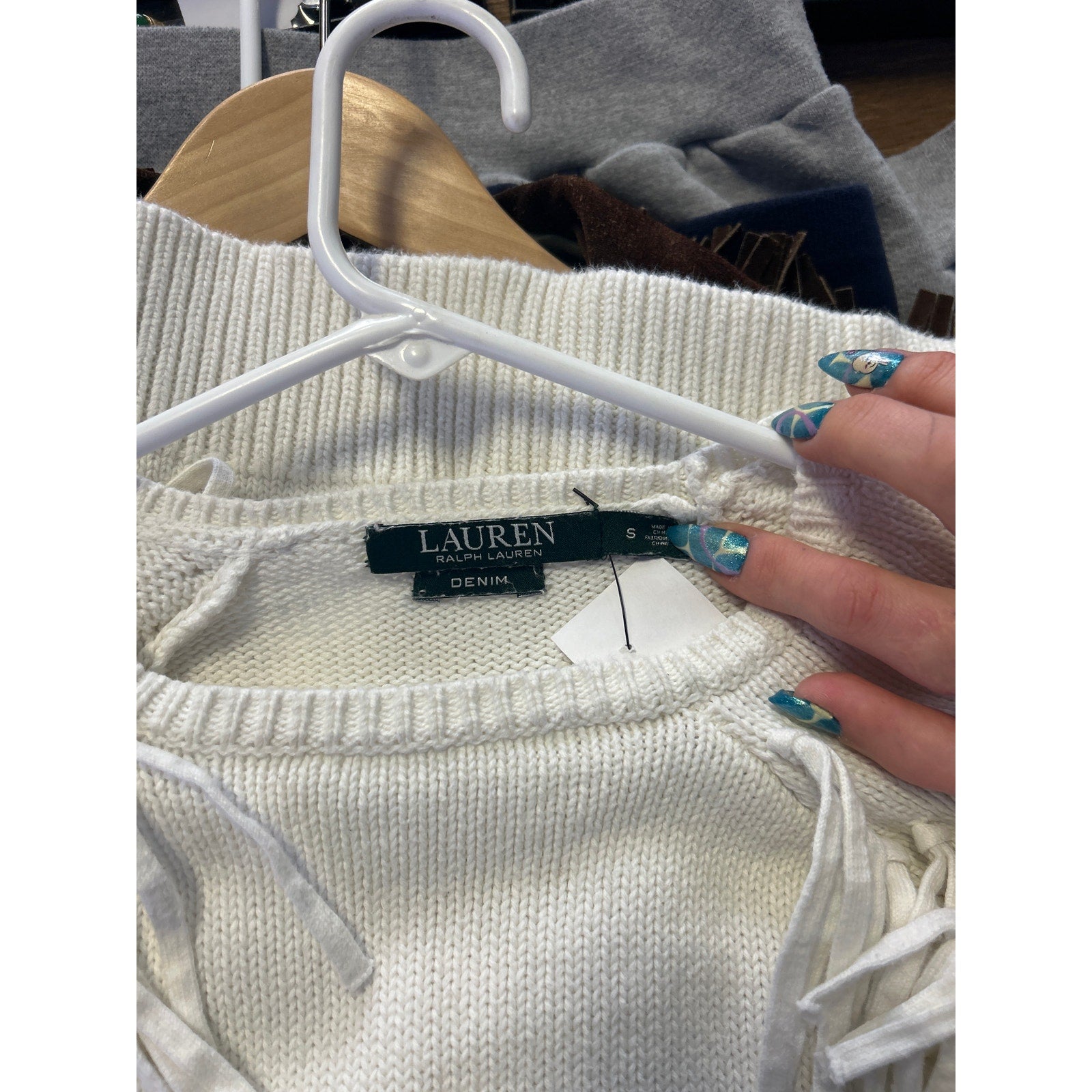 Ralph Lauren White Crew Neck Fringed Cotton Pullover Sweater Women's Size Small