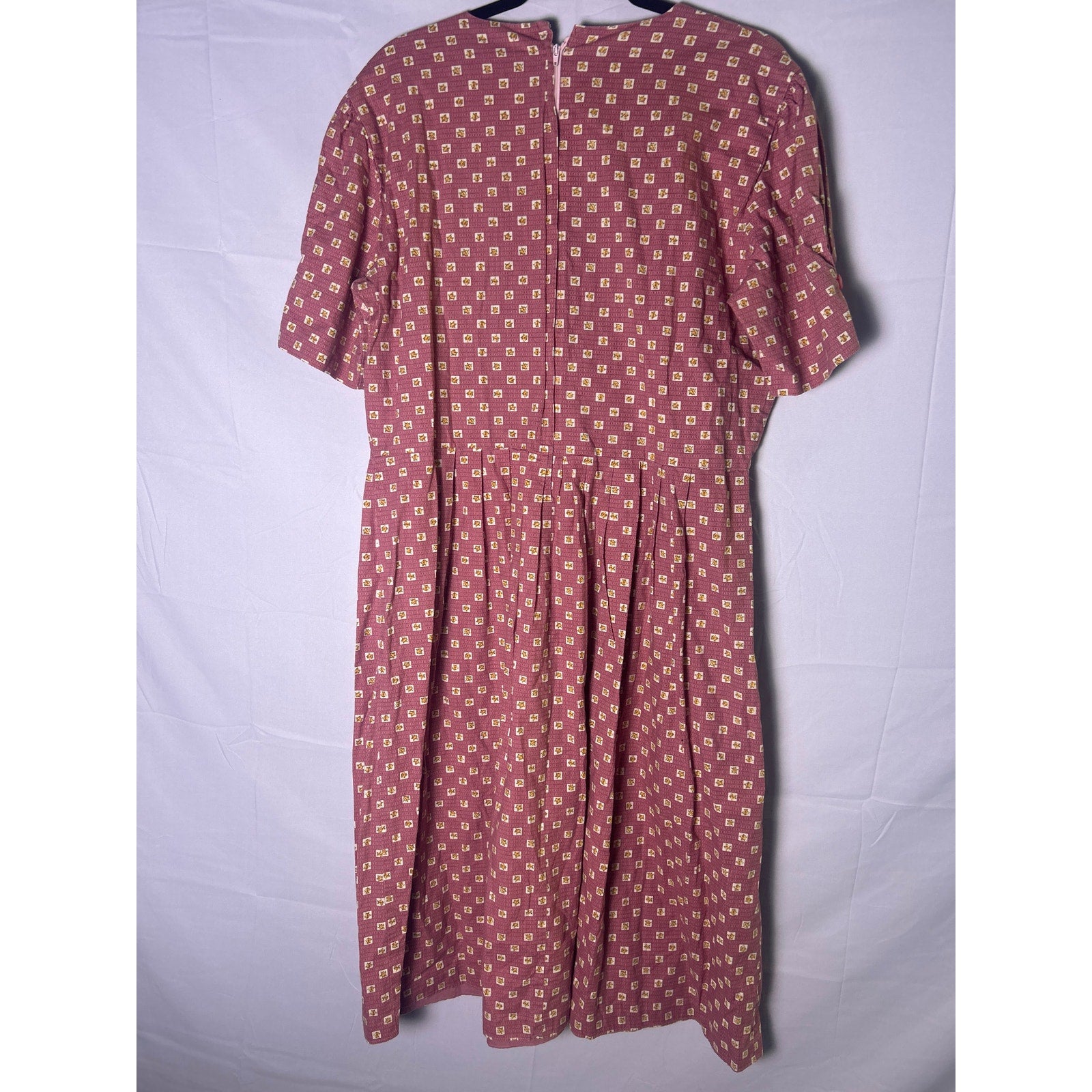Vintage Pink Floral Print Midi Pleated A-line Dress Quarter Buttons Women's XL