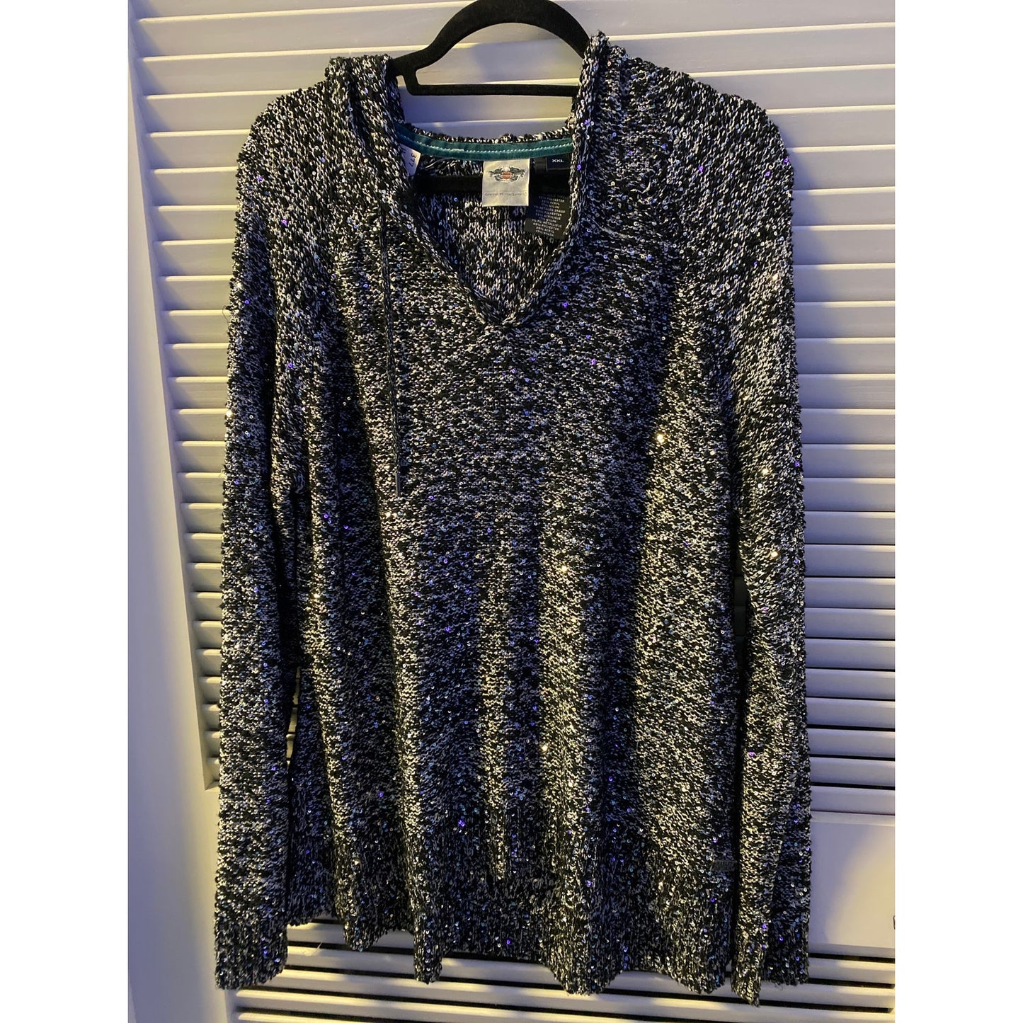 Harley Davidson Black White Sequins Knit Pullover Embroidered Hoodie Women's XXL