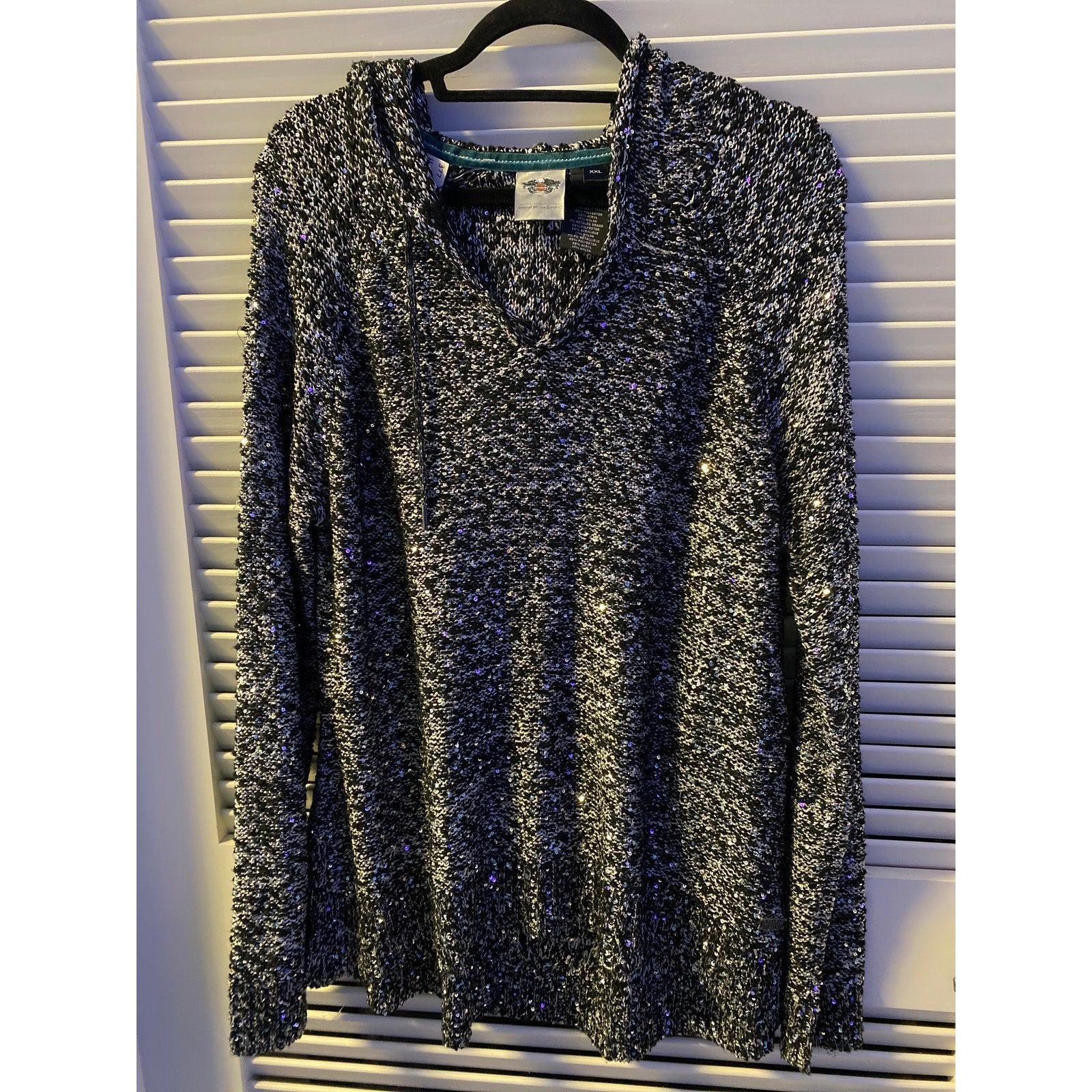 Harley Davidson Black White Sequins Knit Pullover Embroidered Hoodie Women's XXL