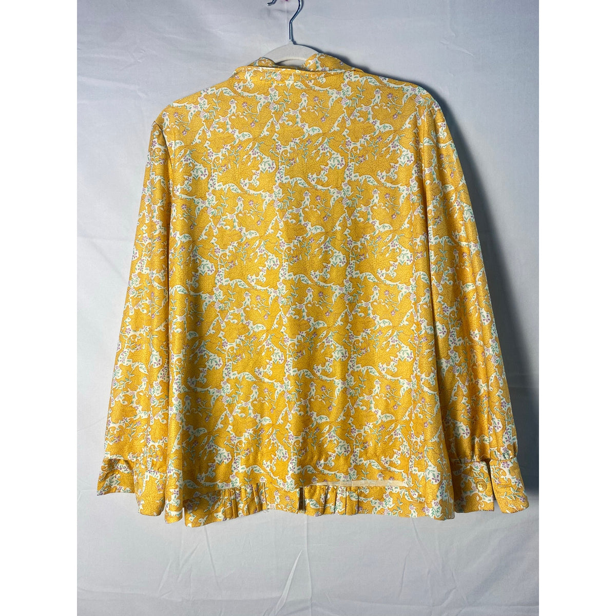 Vintage 60s Yellow Purple Floral Poly Knit Dagger Collar Pleated Button Up Shirt Women's Size XL