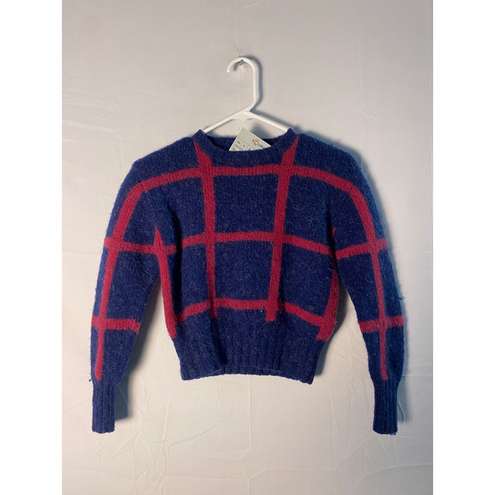 Merona Wool Blue Pink Grid Pattern Crewneck Pullover Sweater Women's Large