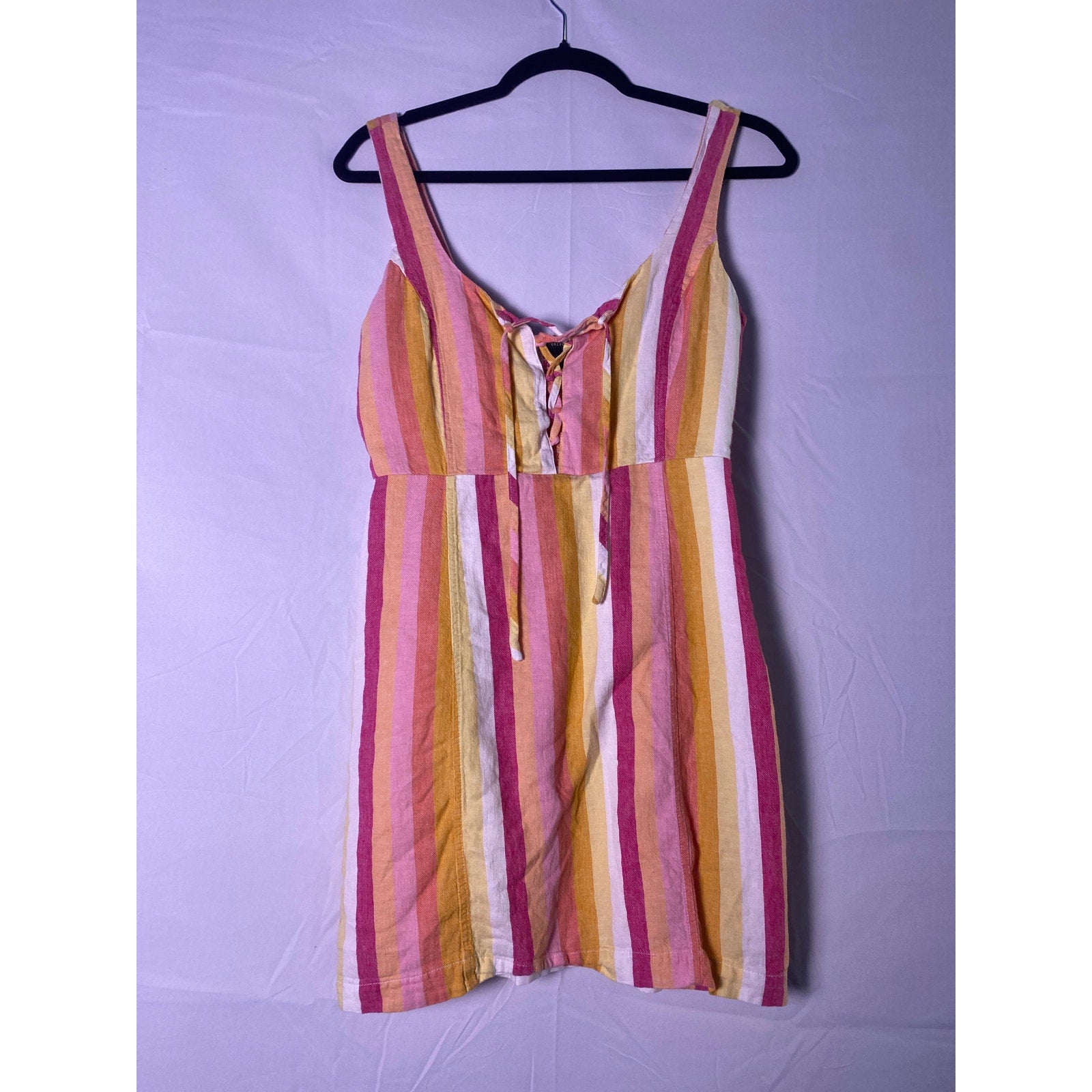 Forever 21 Pink Orange Yellow Striped Mini Dress Sleeveless Lace Up Women Medium