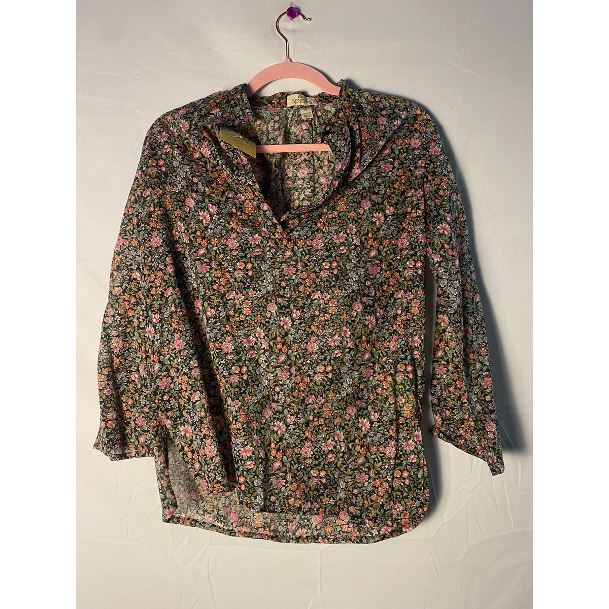 Y2K Spices Floral Lightweight Blouse Roll Tab Sleeves Women's Size Small