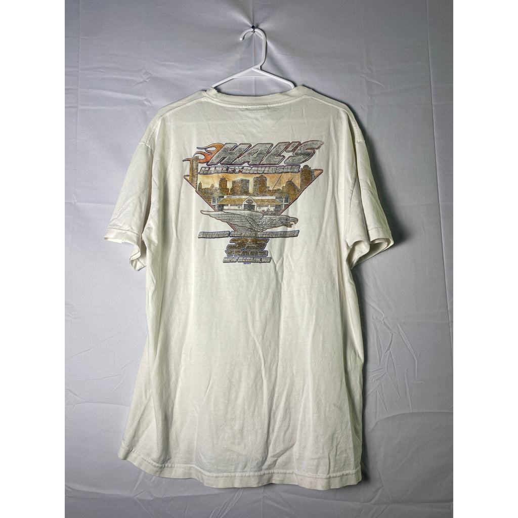 Harley Davidson 110 Years of Great Motorcycles White Tee Shirt Womens Size Large