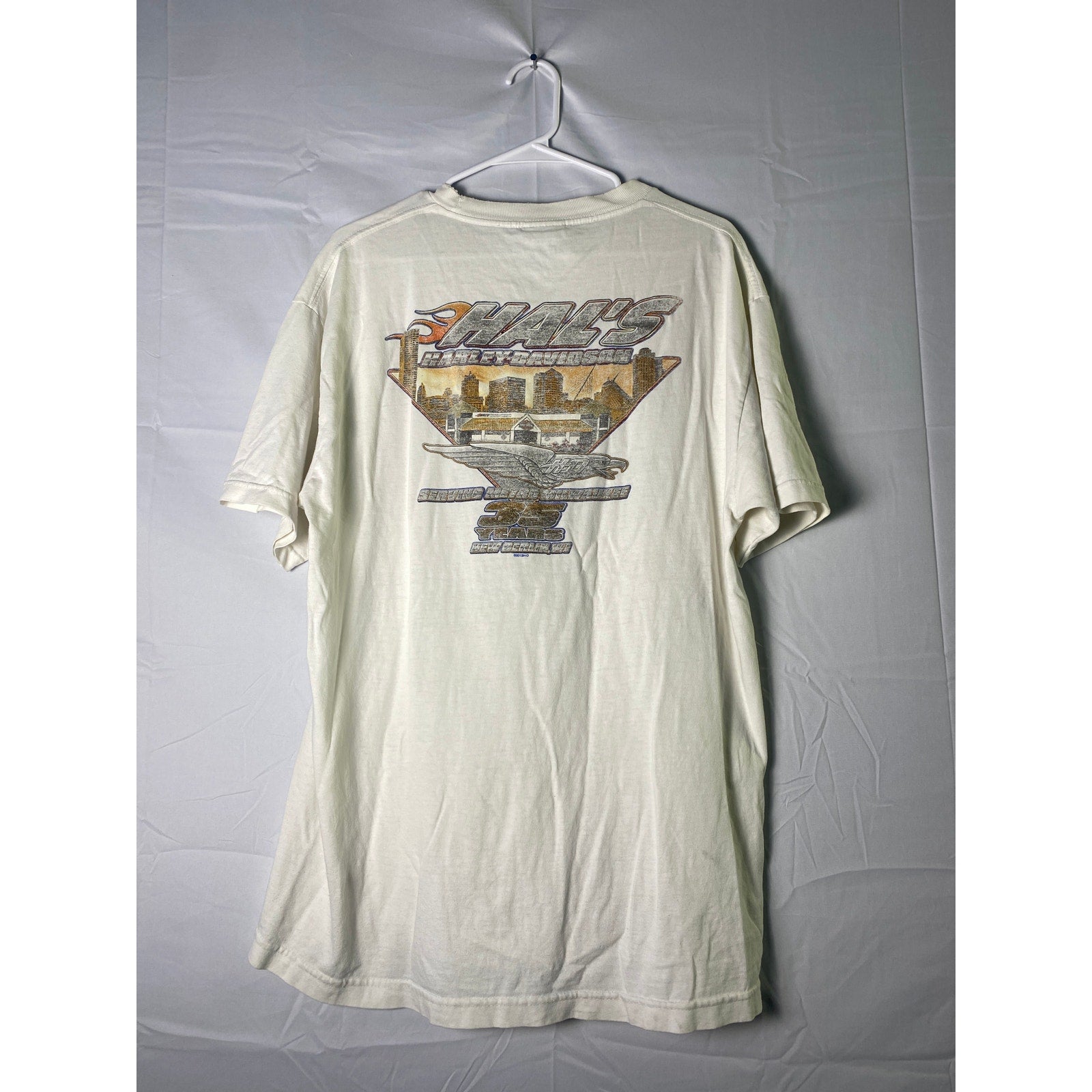 Harley Davidson 110 Years of Great Motorcycles White Tee Shirt Womens Size Large