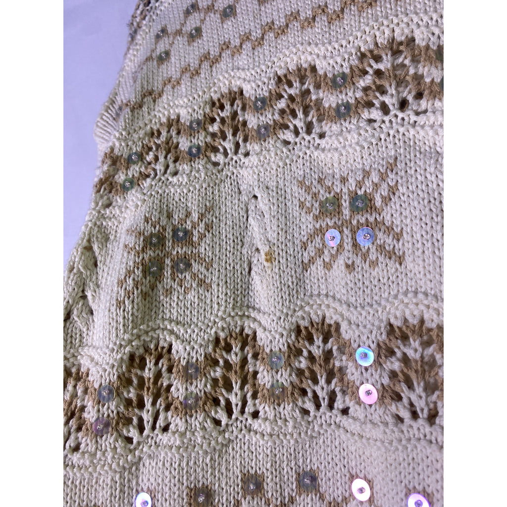 Vintage Liz Sport Cream Tan Snowflakes Knit Beaded Crewneck Sweater Medium