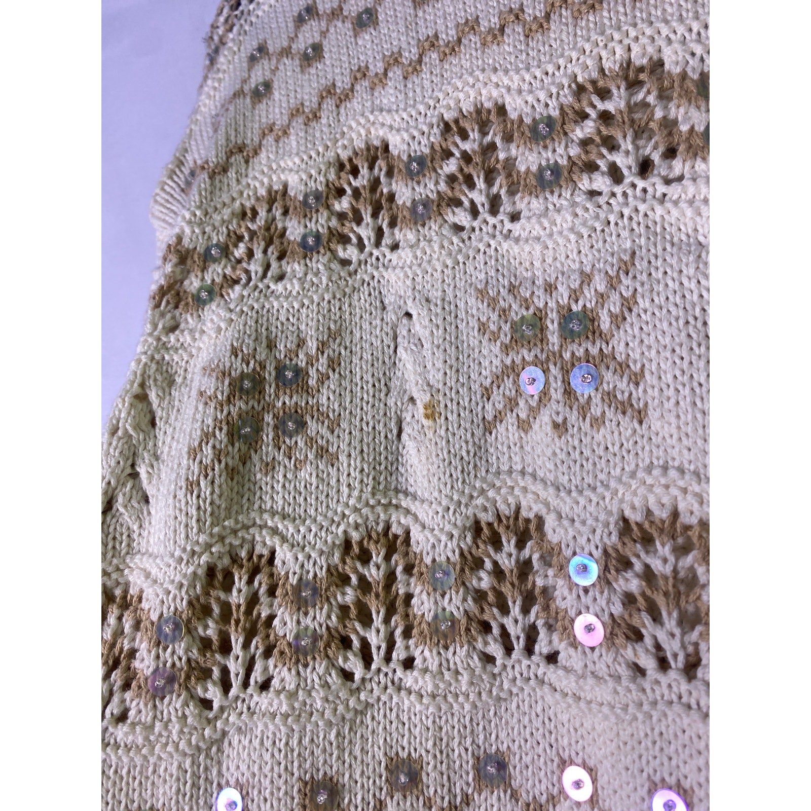 Vintage Liz Sport Cream Tan Snowflakes Knit Beaded Crewneck Sweater Medium
