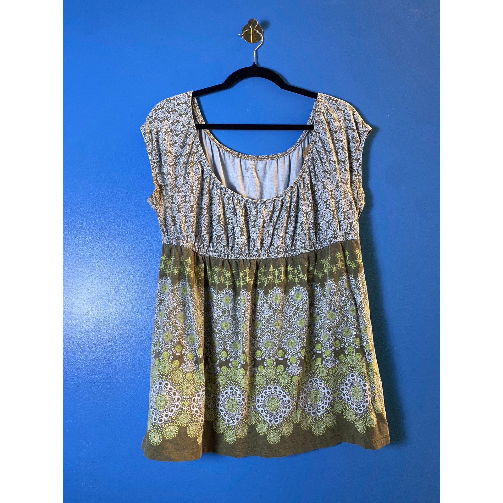 Y2K Sonoma Green Floral Peasant Babydoll Top Cap Sleeve Womens Size Large Petite