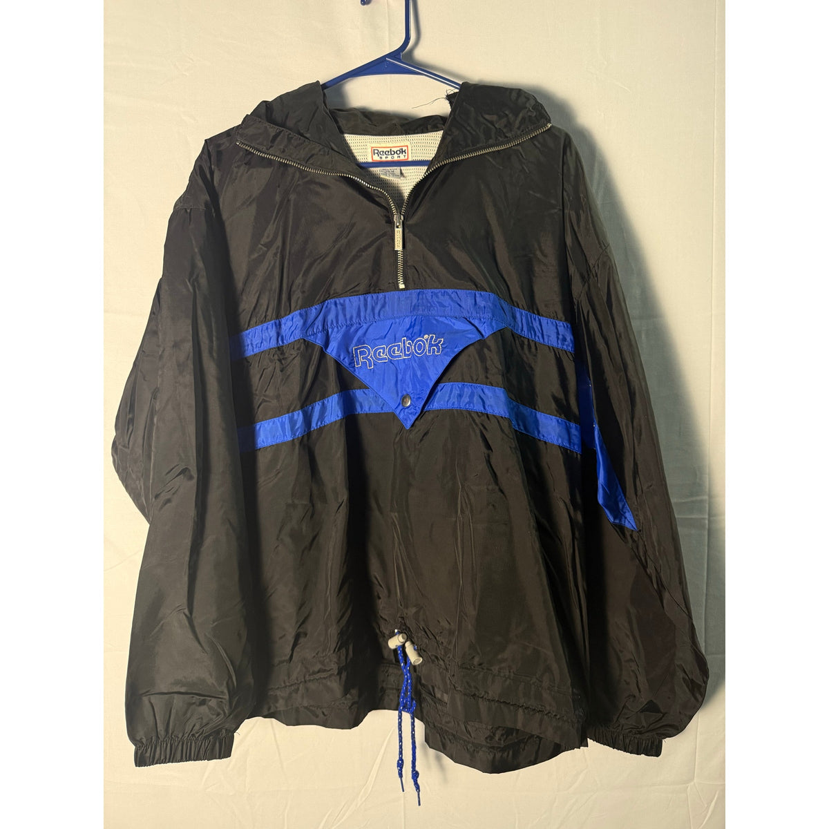Reebok Black Blue Quarter Zip Windbreaker Jacket Pullover Men's Size Medium