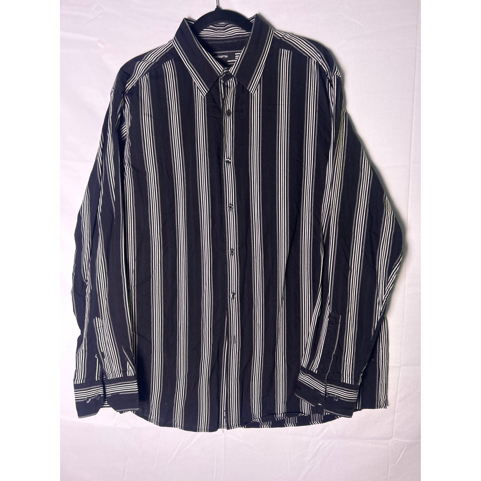 Claiborne Black White Striped Button Down Shirt Long Sleeve Men's Size XL