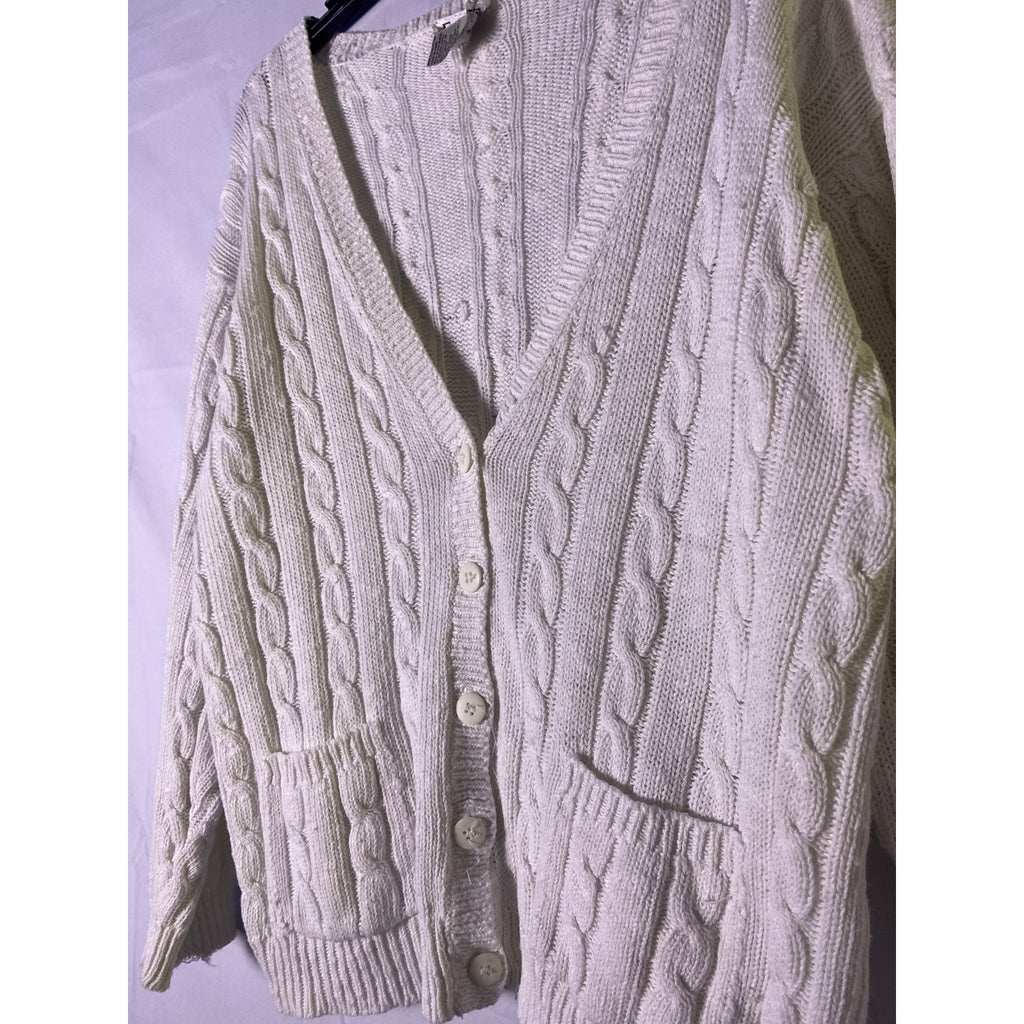 Vintage ERIKA White Cable-Knit Cardigan Sweater Front Pockets Women's Medium