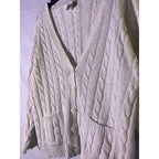 Vintage ERIKA White Cable-Knit Cardigan Sweater Front Pockets Women's Medium
