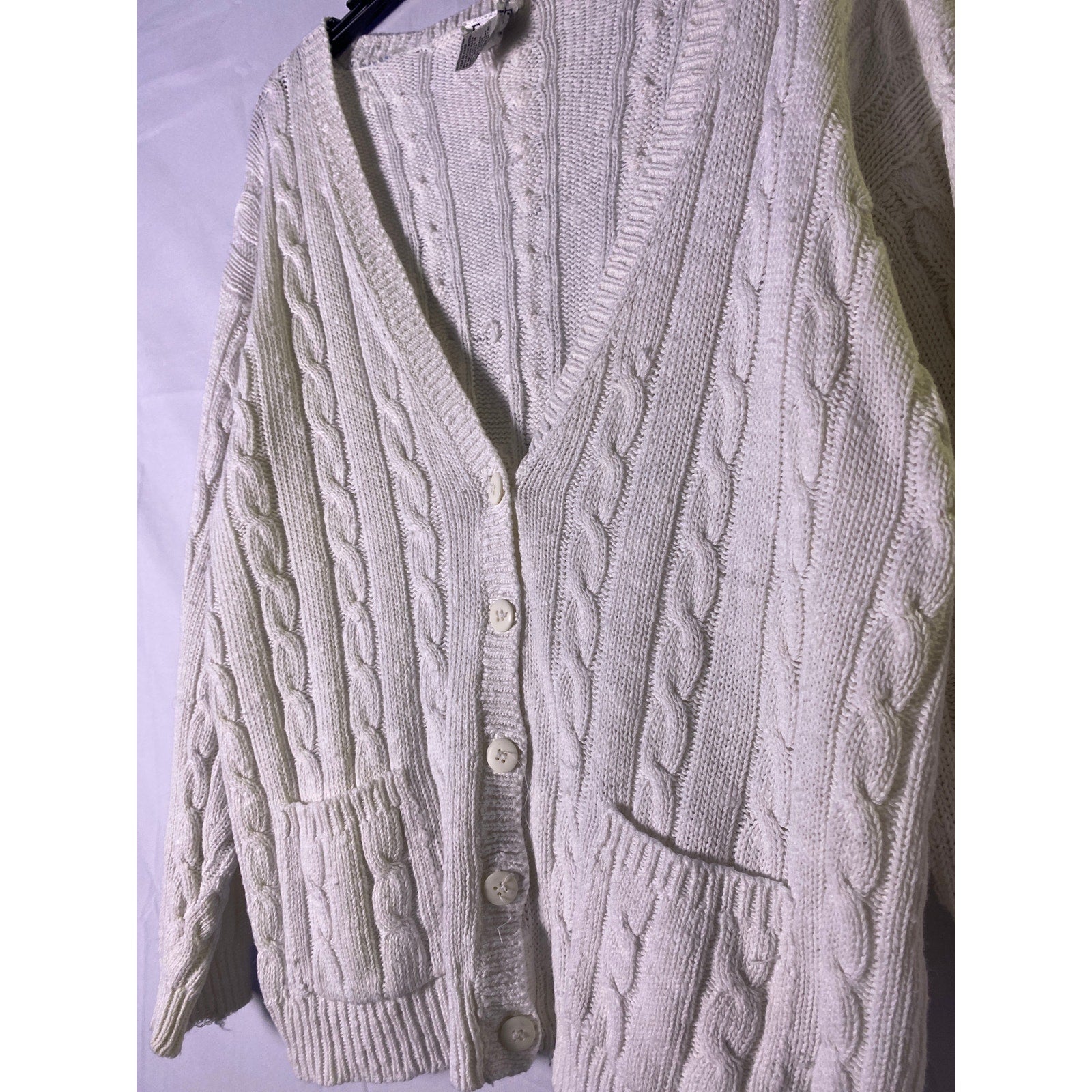 Vintage ERIKA White Cable-Knit Cardigan Sweater Front Pockets Women's Medium